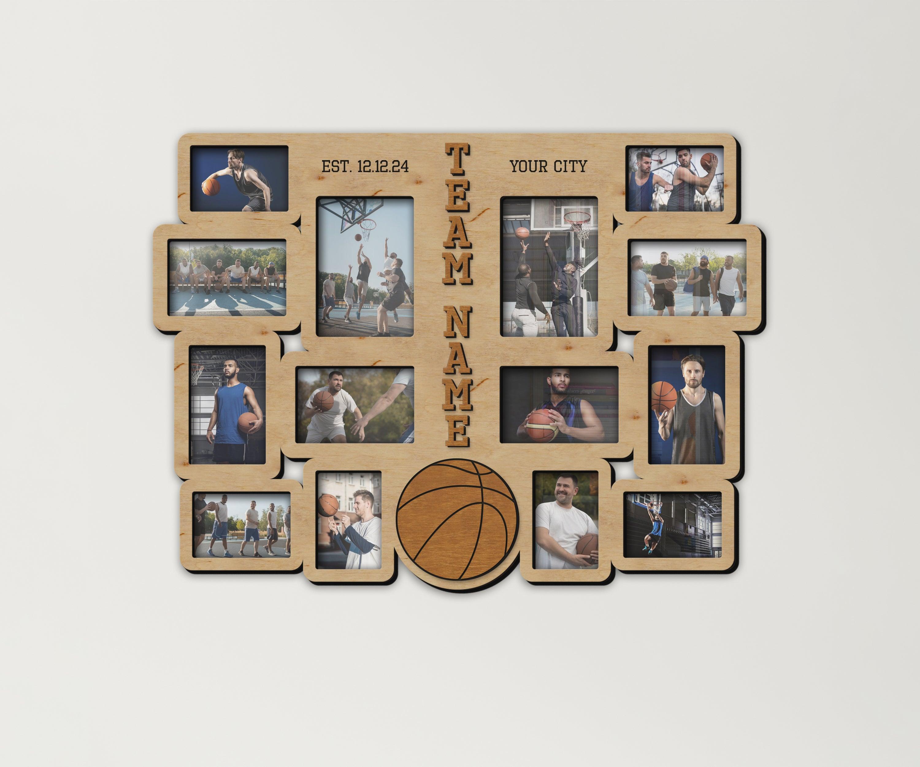 Handcrafted sports team display Custom basketball picture frame collage Engraved memory photo frames Personalized gift for coach Wall decor