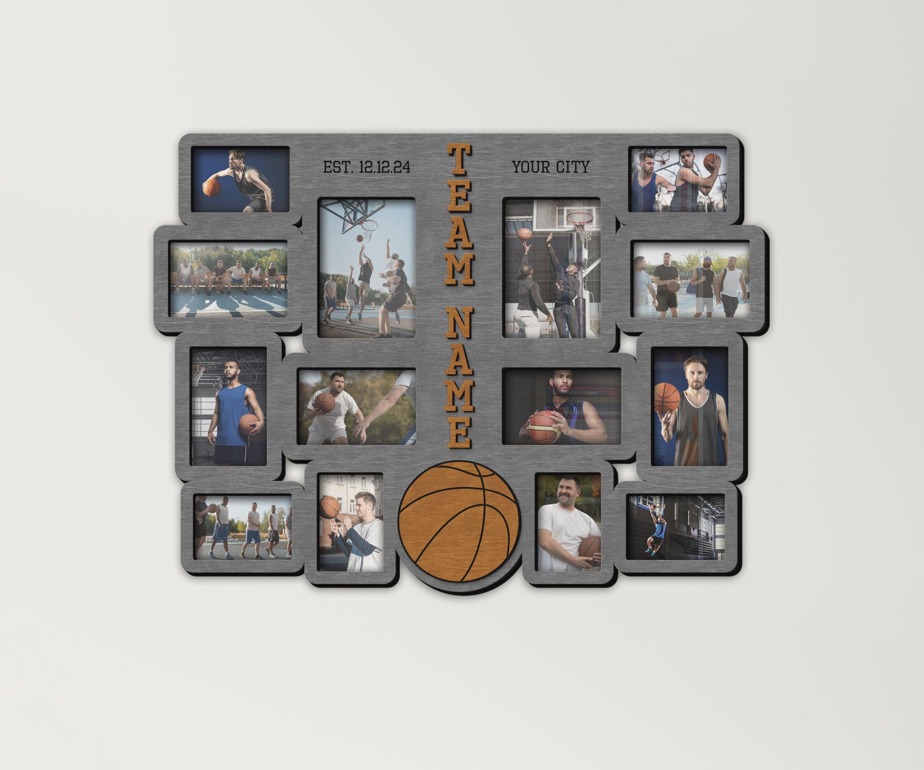 Handcrafted sports team display Custom basketball picture frame collage Engraved memory photo frames Personalized gift for coach Wall decor