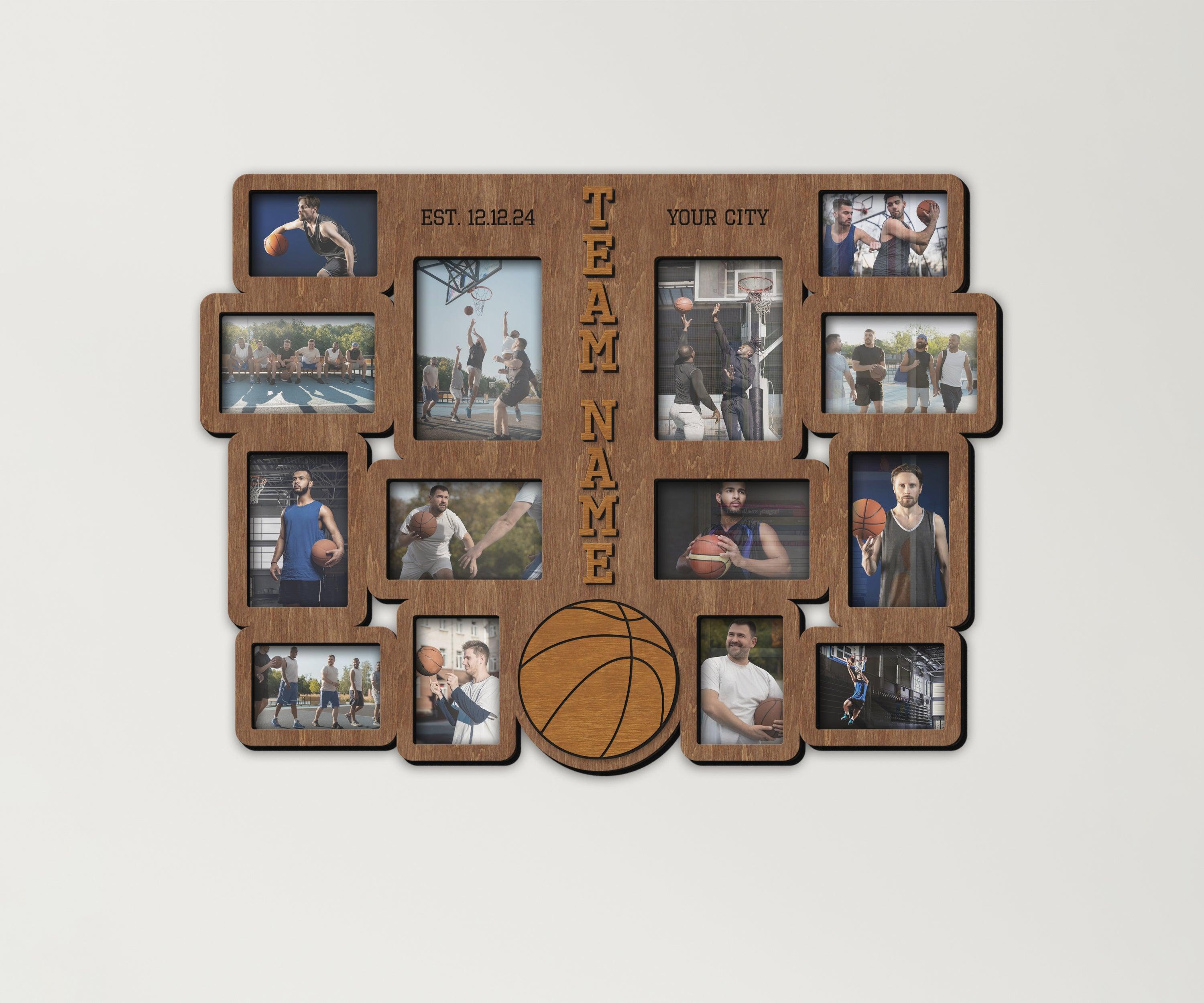 Handcrafted sports team display Custom basketball picture frame collage Engraved memory photo frames Personalized gift for coach Wall decor