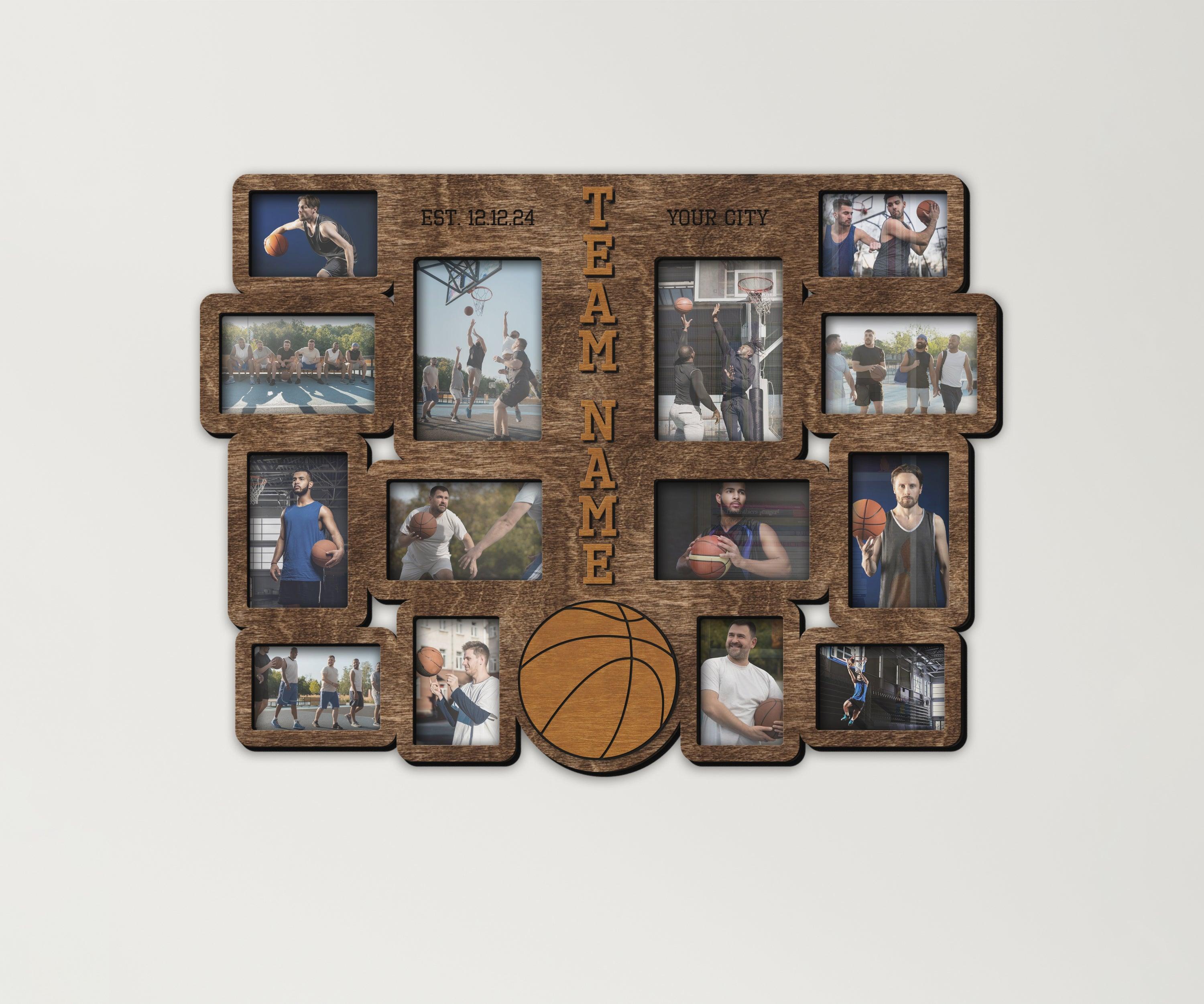 Handcrafted sports team display Custom basketball picture frame collage Engraved memory photo frames Personalized gift for coach Wall decor