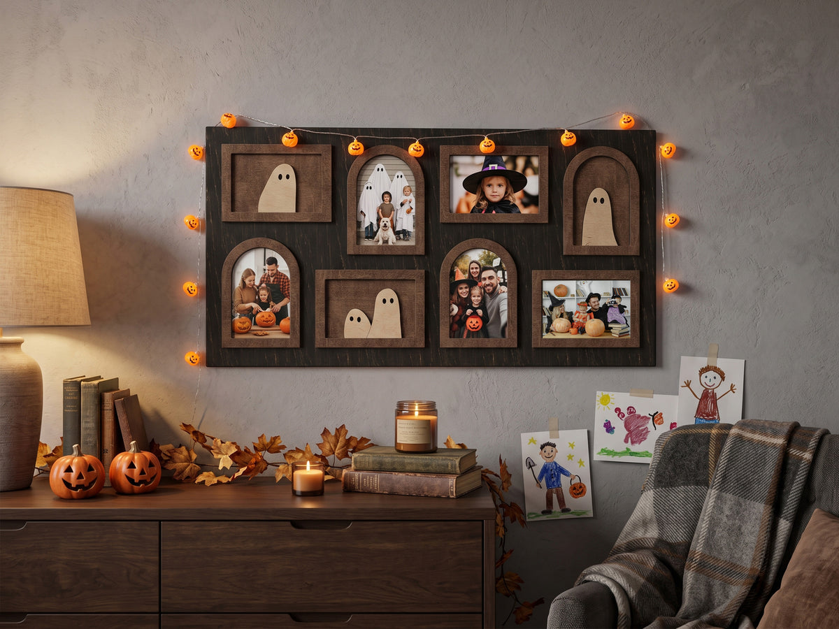 Halloween Photo Collage Frame – Wooden Ghost Wall Decor