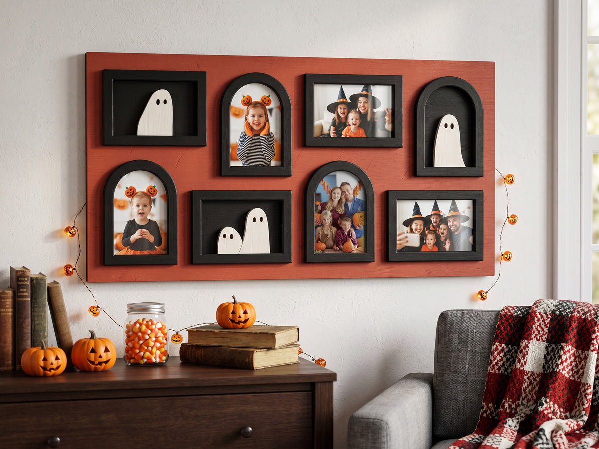 Halloween Photo Collage Frame – Wooden Ghost Wall Decor
