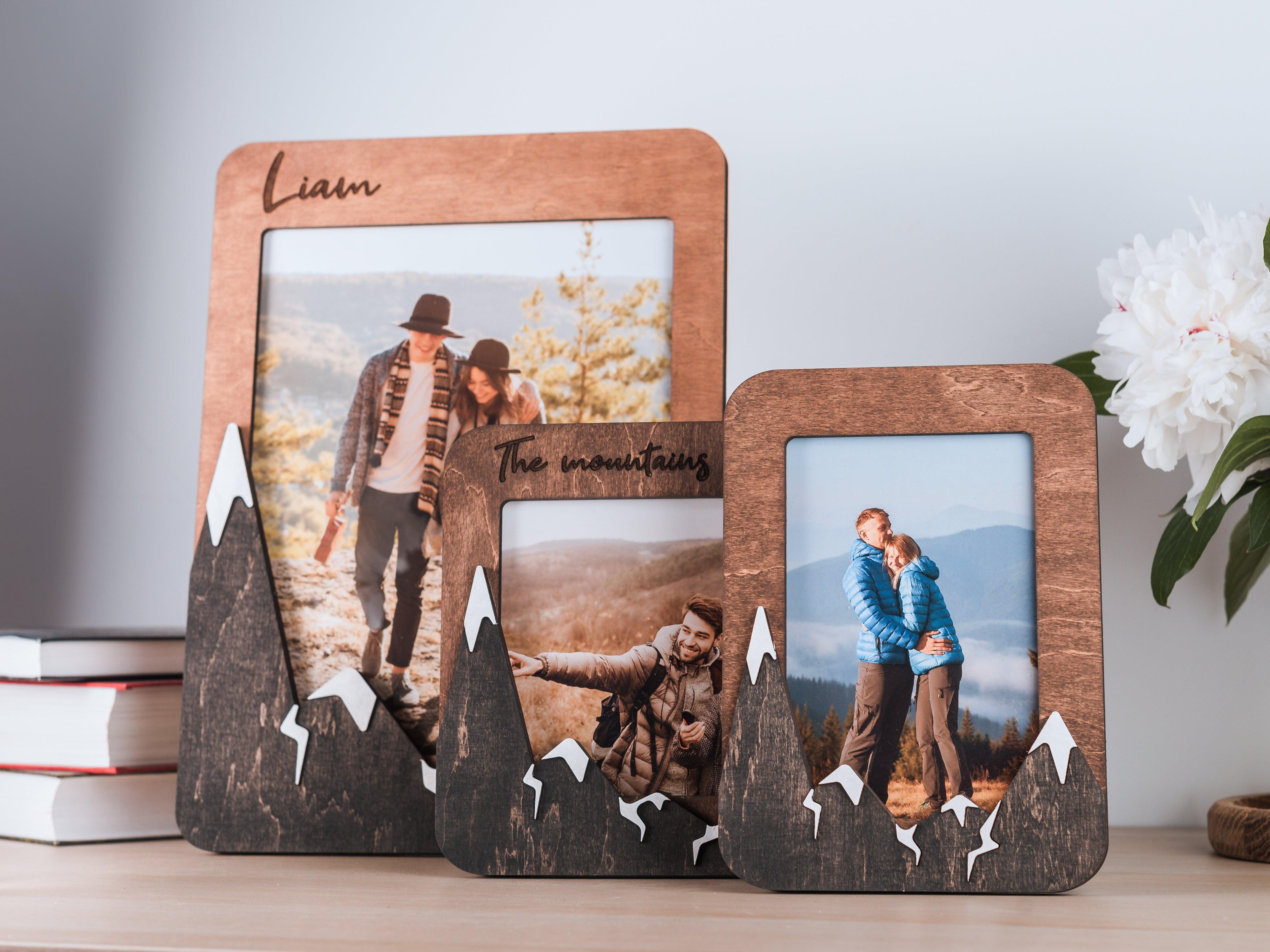 Personalized mountain picture frame Custom gift Small photo frame Gift for him Custom color Wooden wall decor Engraved portrait frame