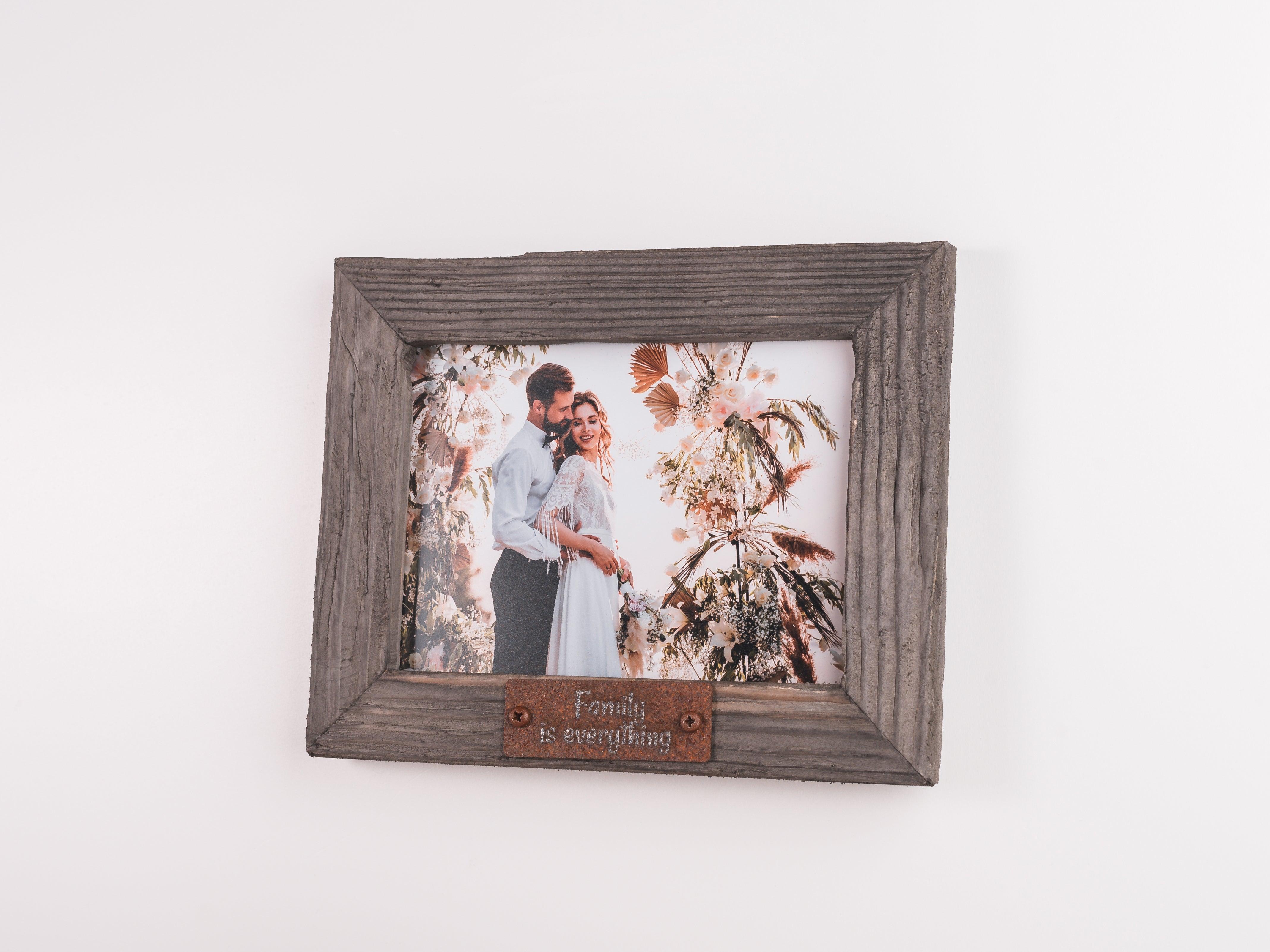 Rustic barn wood photo frame with Personalized vintage rusty plate decor Farmhouse picture wall frame Antique vibe Custom housewarming gift