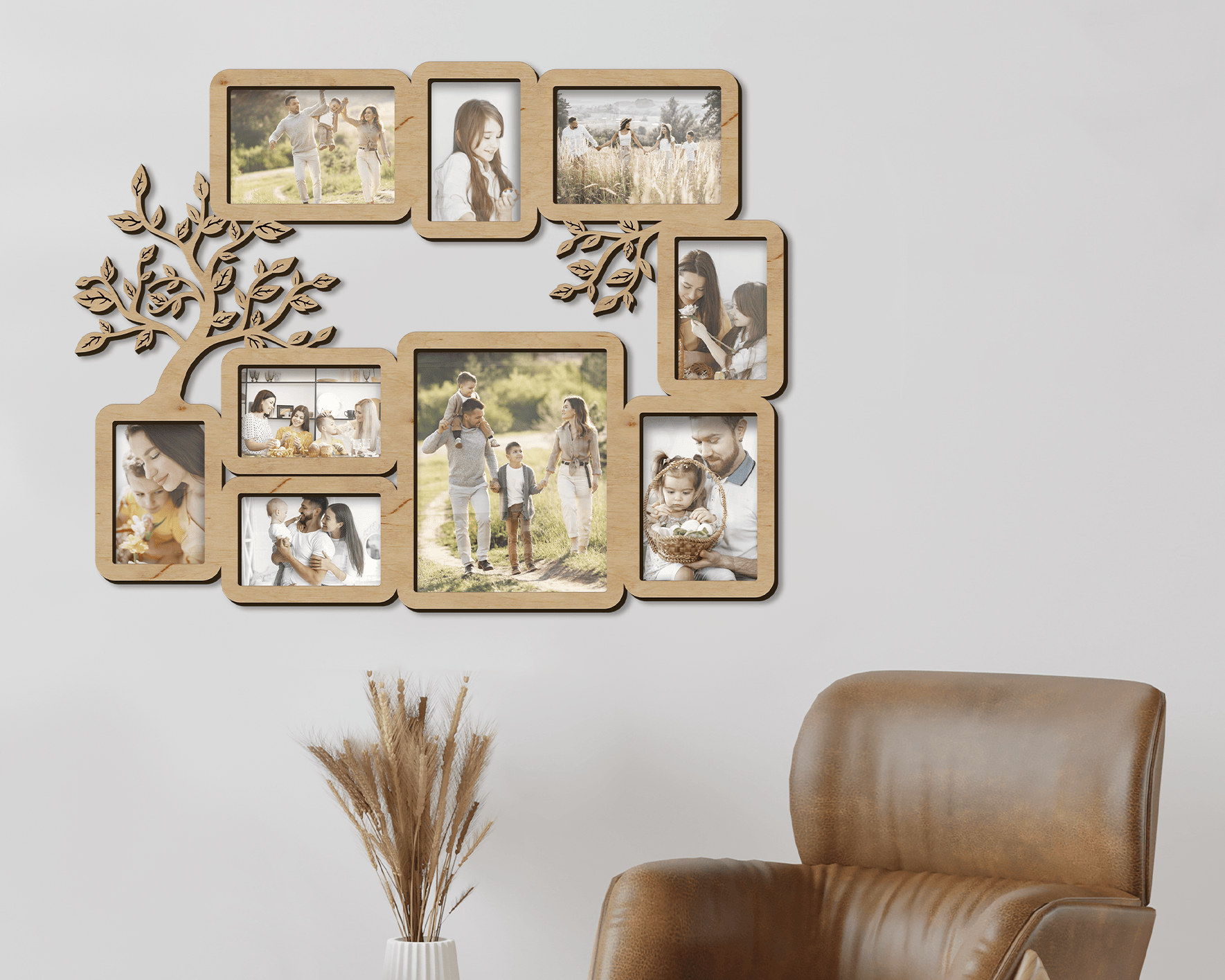 Personalized picture frame collage featuring tree elements. This collage measures 24 inches in width and 30 inches in length and has 9 frames. Frame and letters can be painted in different colors. The text in the middle can be customized.