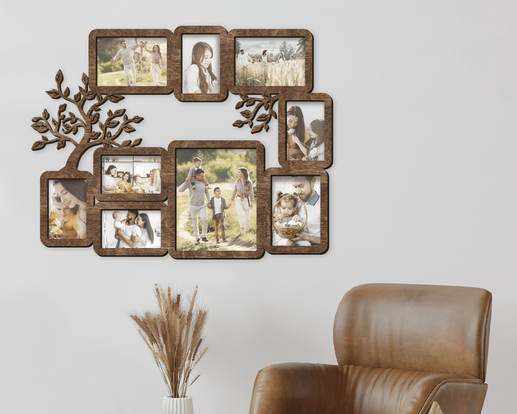 Personalized picture frame collage featuring tree elements. This collage measures 24 inches in width and 30 inches in length and has 9 frames. Frame and letters can be painted in different colors. The text in the middle can be customized.