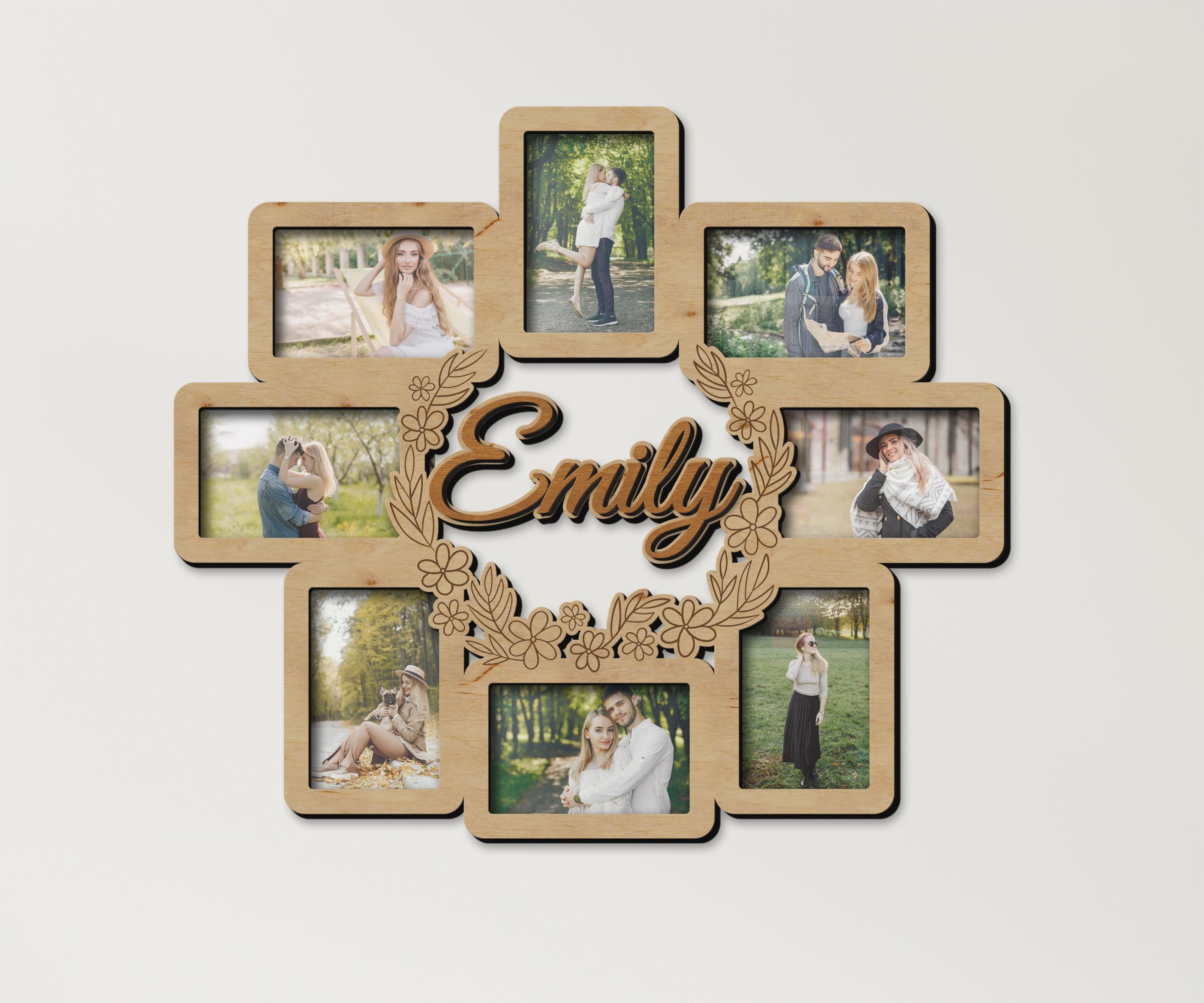 Personalized flower picture frame with charm Elegant home wall art decor Floral wreath wooden collage frames Custom name sign Gift for wife