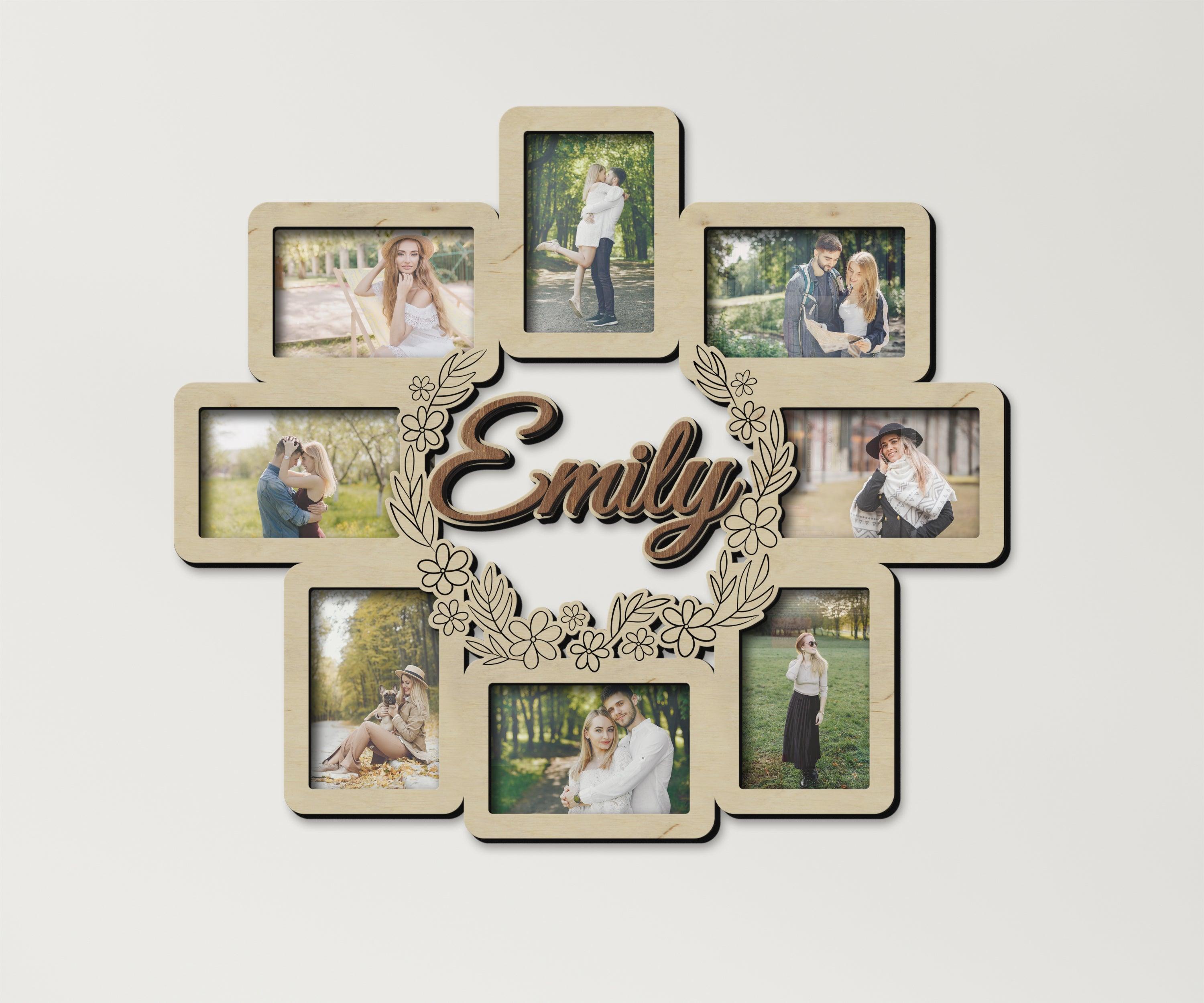 Personalized flower picture frame with charm Elegant home wall art decor Floral wreath wooden collage frames Custom name sign Gift for wife