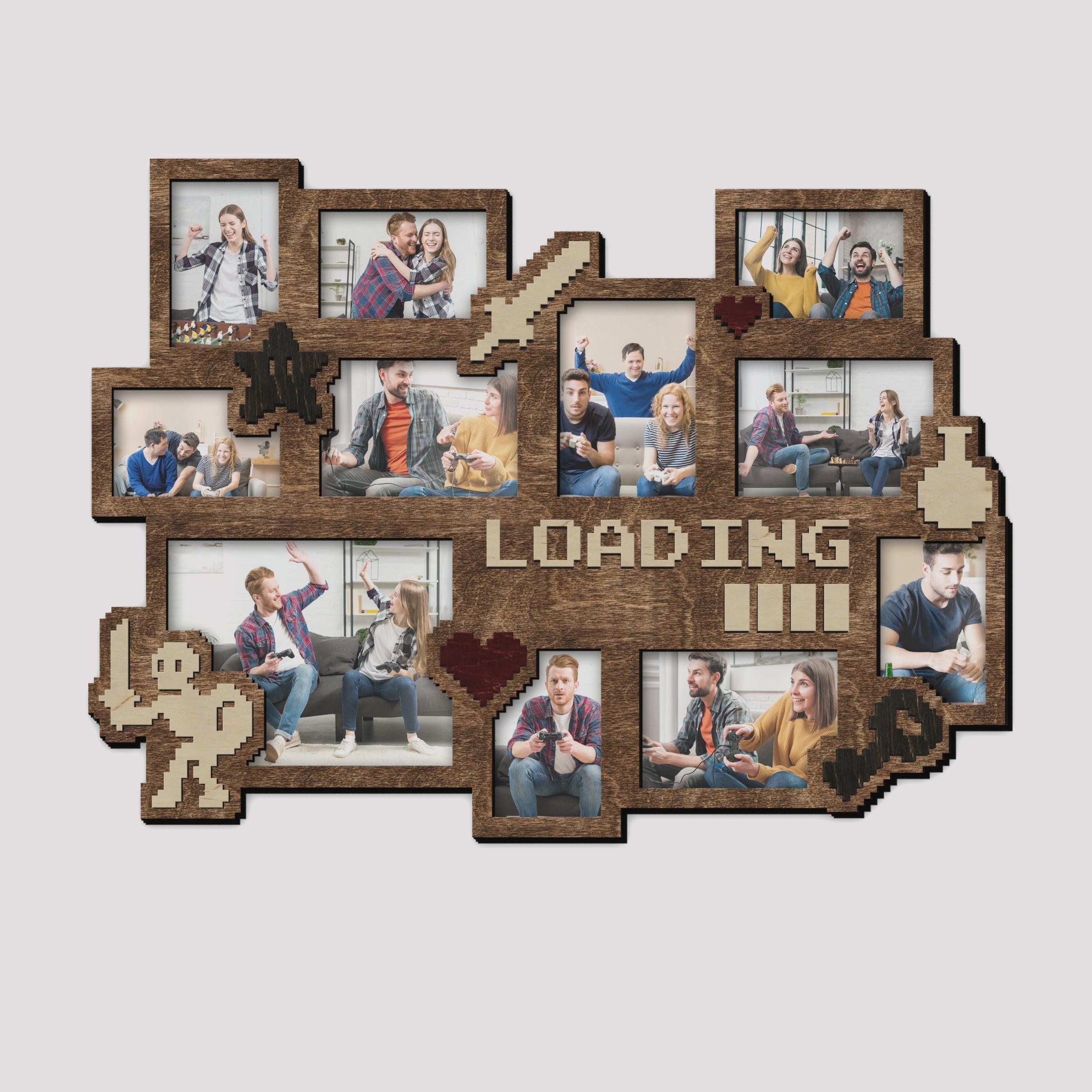 Wooden abstract picture frame collage decorated with gaming pixel art and a loading progress bar in the middle. This collage is 23 by 31 and has 11 frames. Frame and pixel art can be painted in different colors.