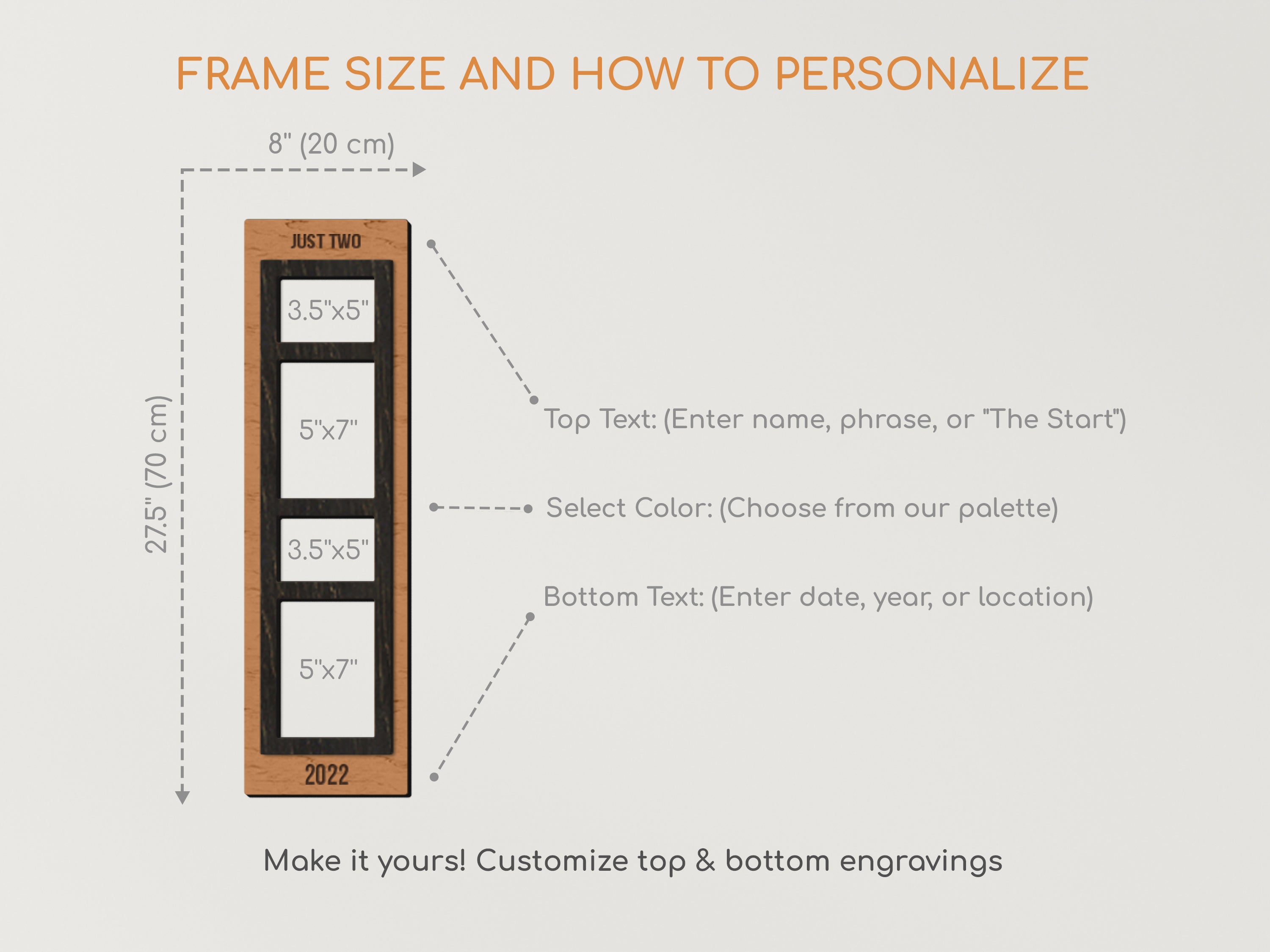 Personalized wooden picture frame size guide with engraving and color options, 8x27.5 inches, three photo slots.