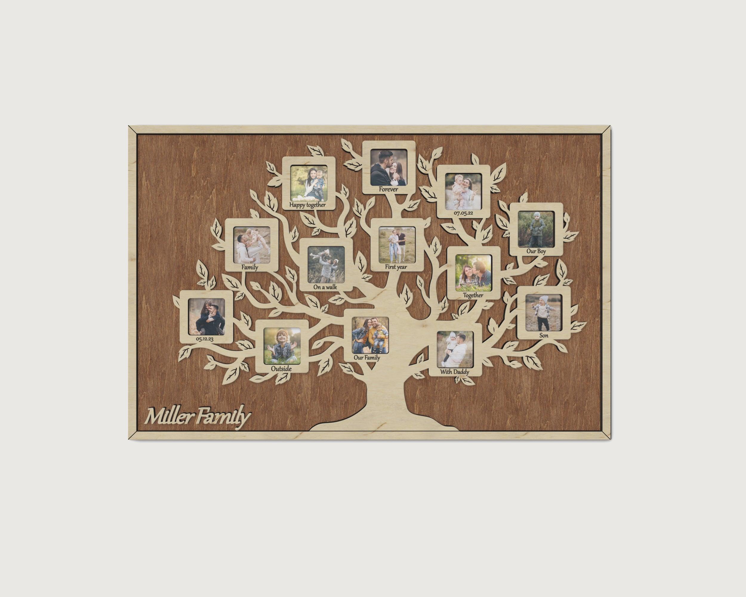 Personalized family tree framed wall art Genealogy tree Wooden picture frame collage Wedding anniversary gift 13 photo openings Custom text