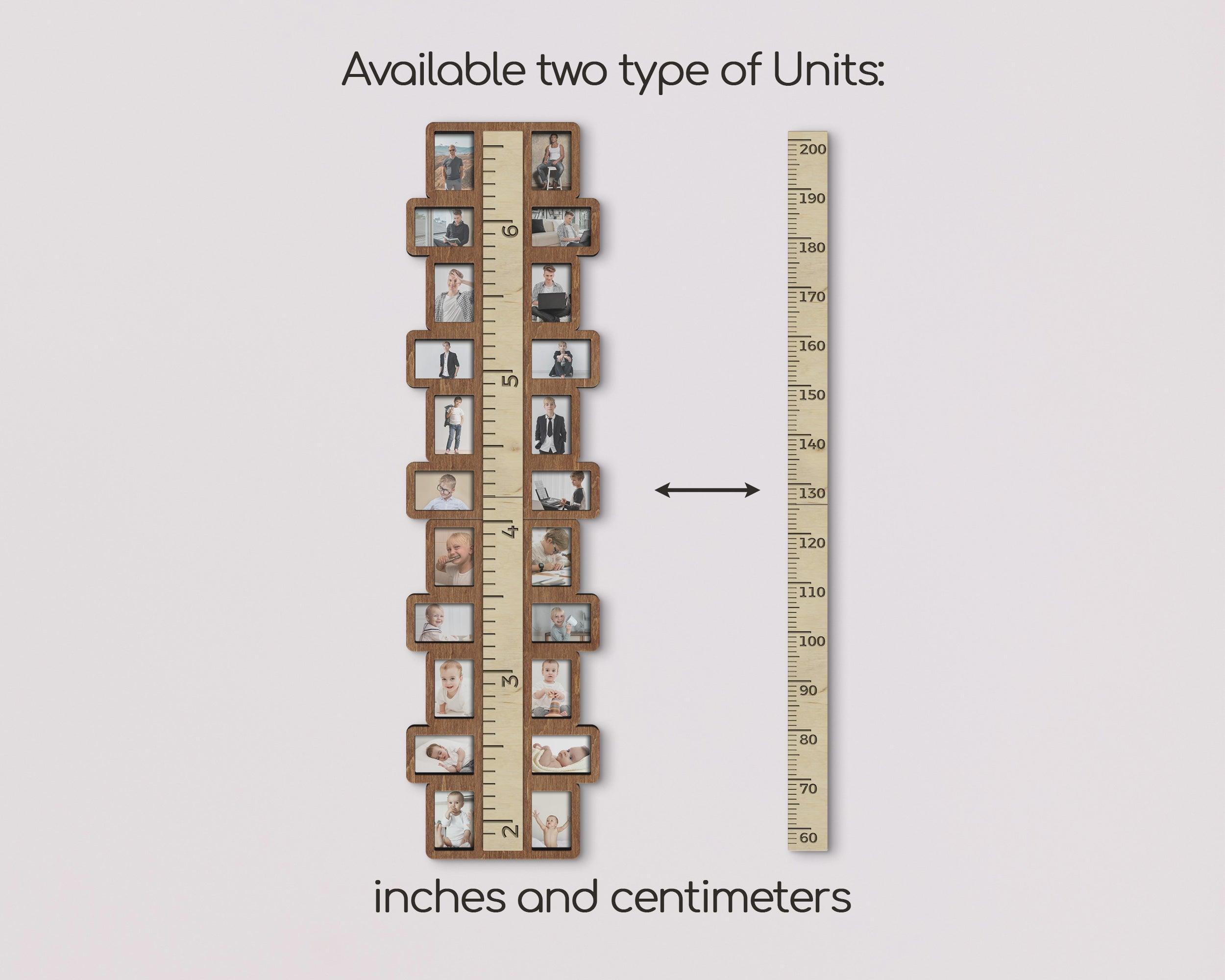 Growth chart for kids decorated with photo frames on both sides. This ruler measures 53 inches in length and 15 inches in width and has 22 frames. Frames and ruler can be painted in different colors. Units can be changed to centimeters and inches.