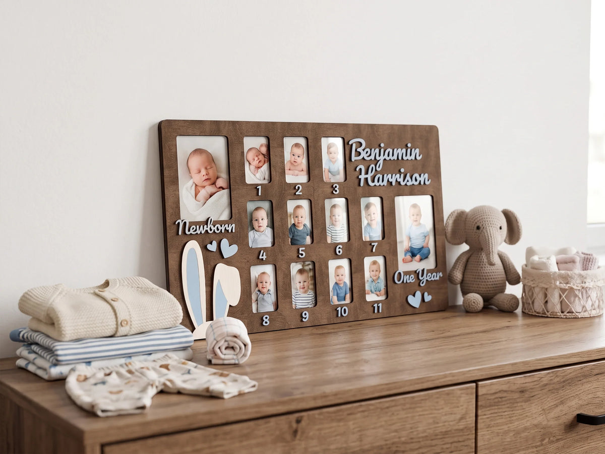 Personalized Baby First Year Photo Frame by The Frame Depot on a wooden dresser