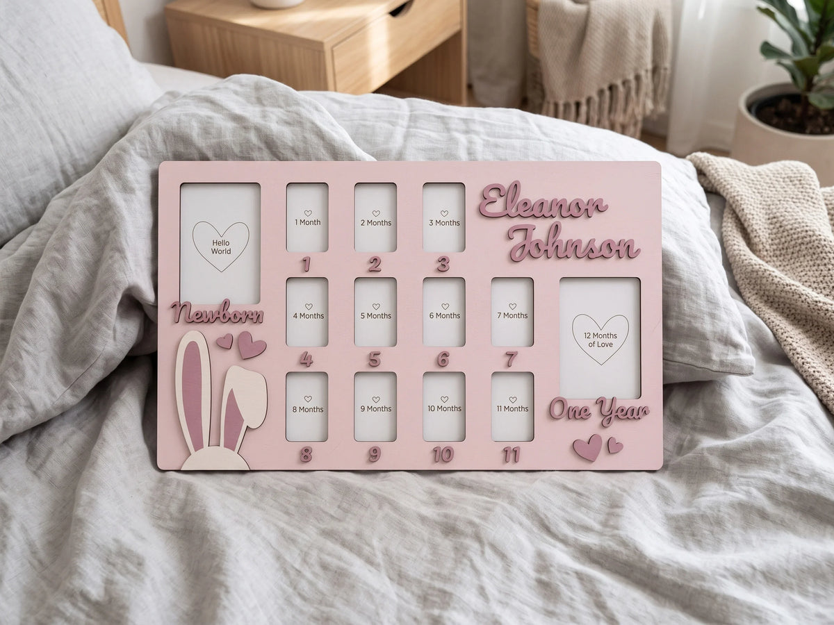 Personalized pink wooden baby first year milestone collage photo frame by The Frame Depot