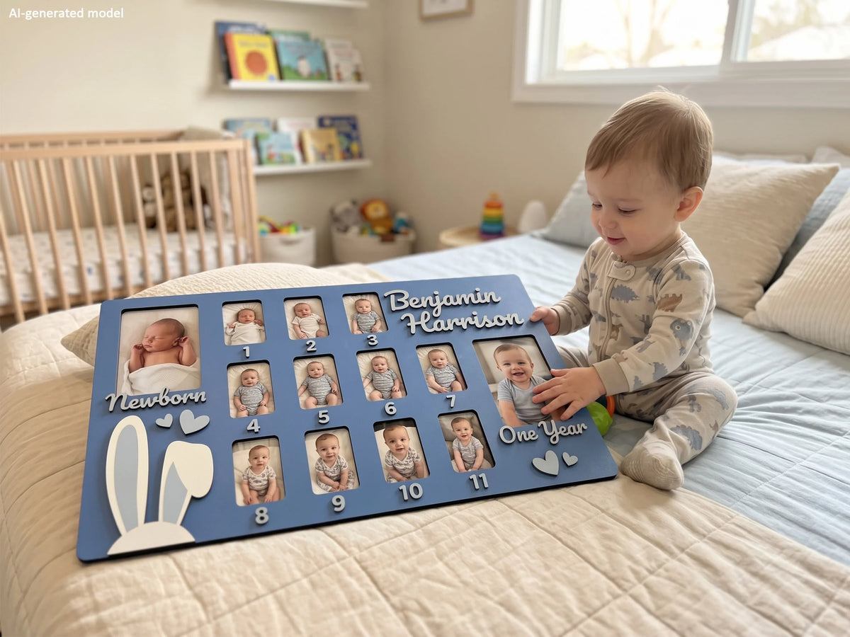 Baby boy sitting on a bed with a personalized The Frame Depot baby first year photo frame.