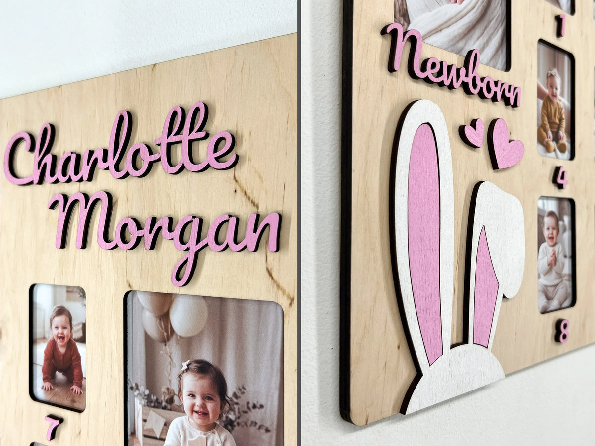 Personalized baby first year photo frame by The Frame Depot with wooden bunny design