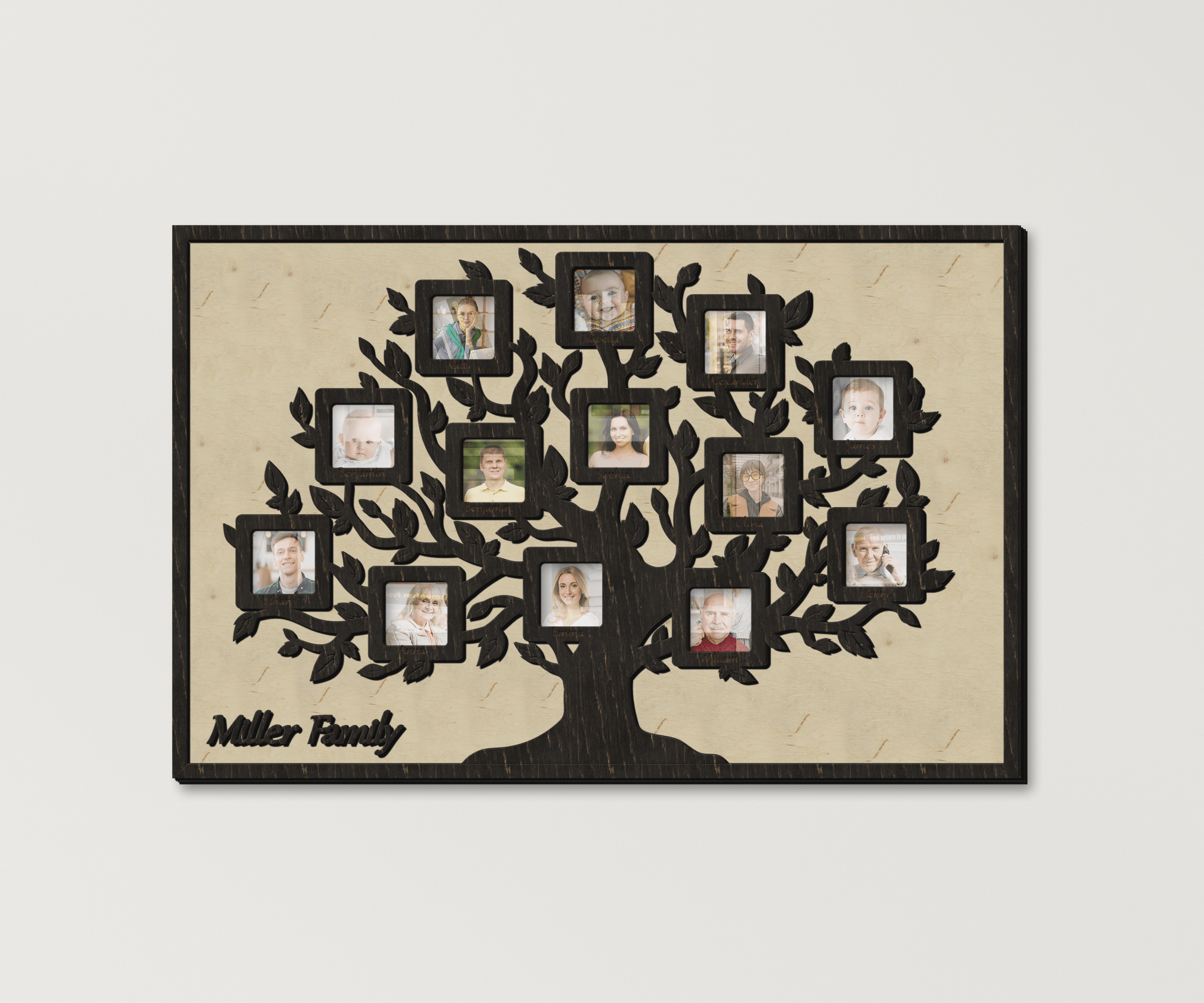 Personalized family tree framed wall art Genealogy tree Wooden picture frame collage Wedding anniversary gift 13 photo openings Custom text