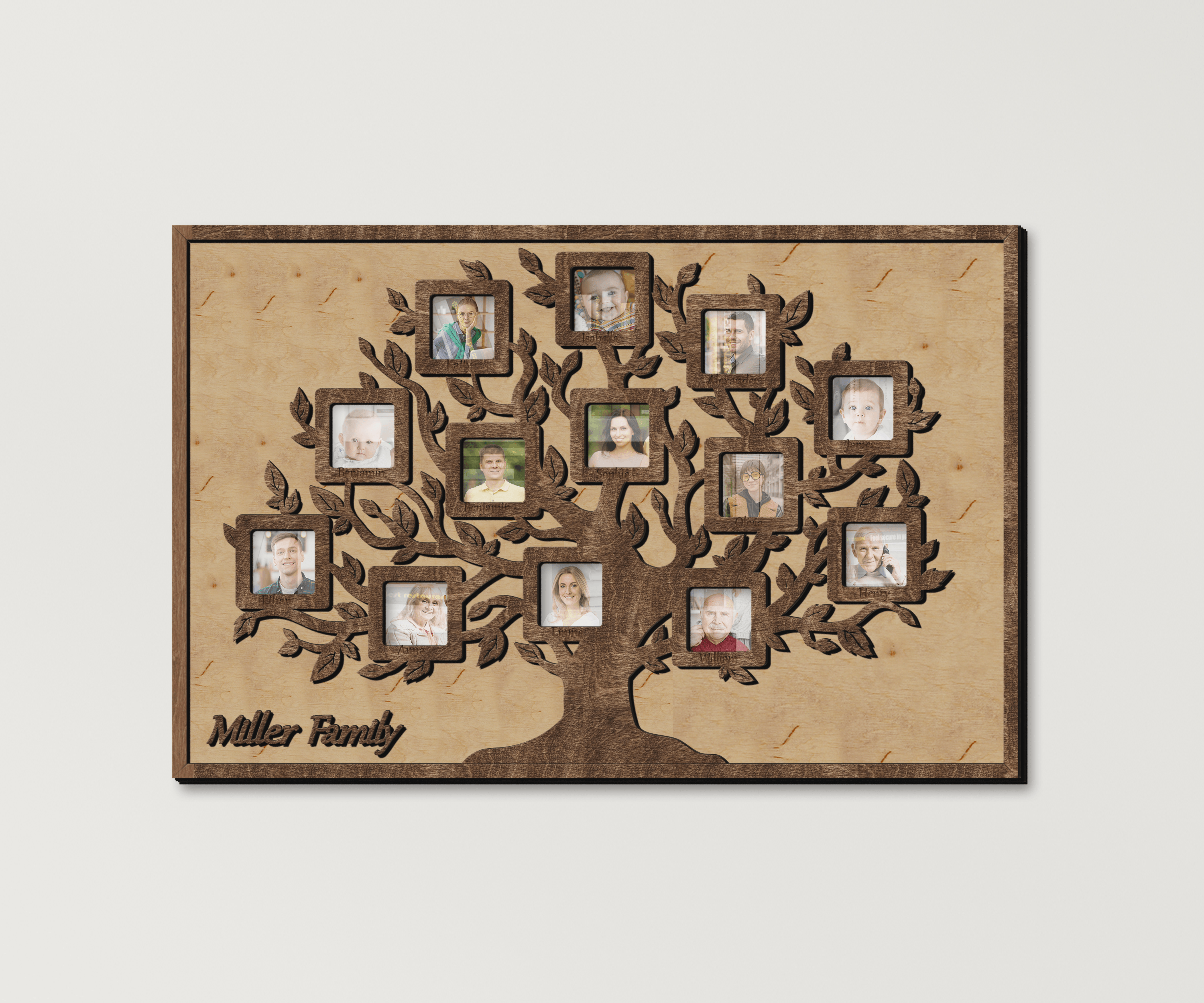 Personalized family tree framed wall art Genealogy tree Wooden picture frame collage Wedding anniversary gift 13 photo openings Custom text