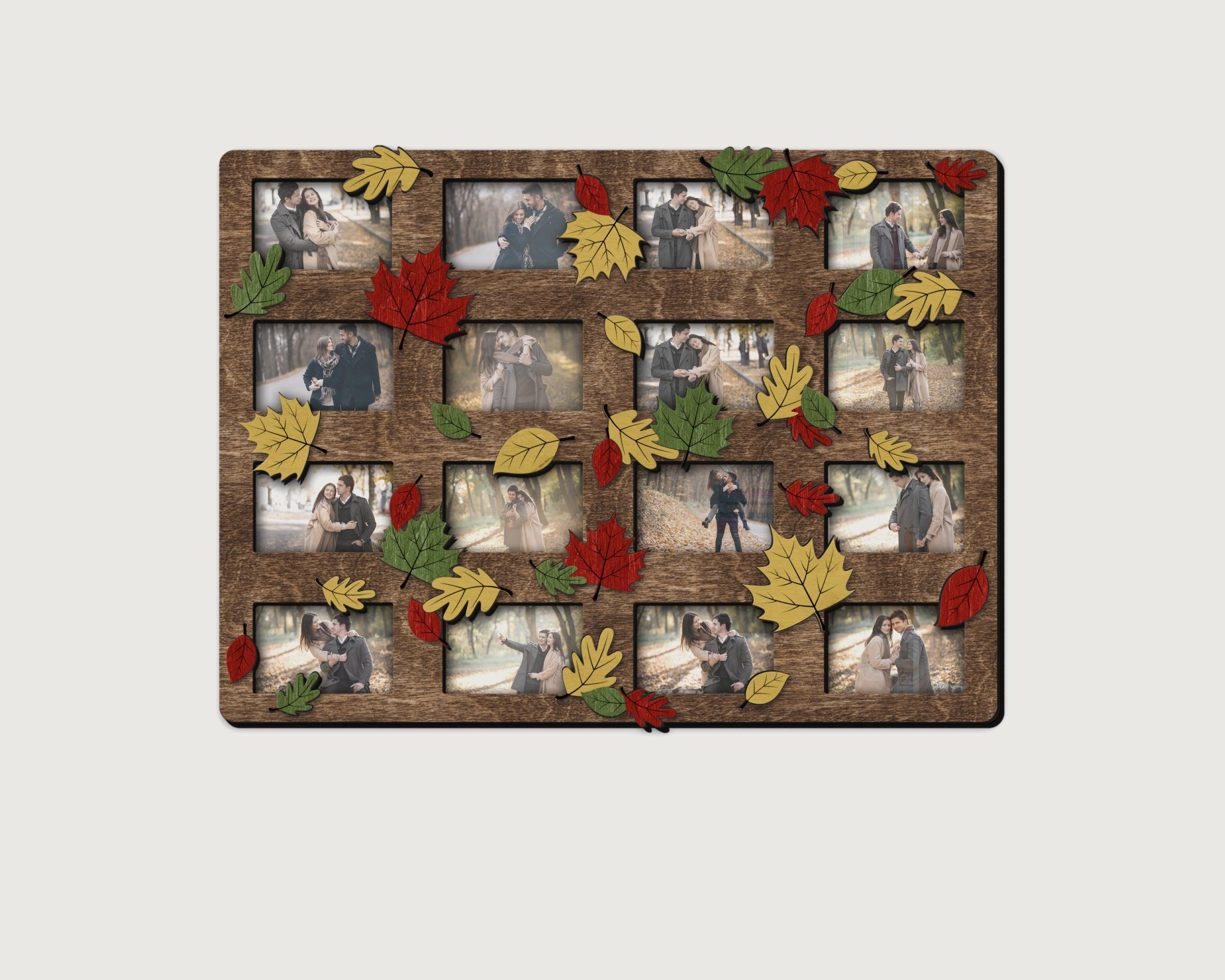 Engraved autumn wall art decor Custom photo frame collage with fall leaves Unique living room decor Kids room decoration Back to school vibe