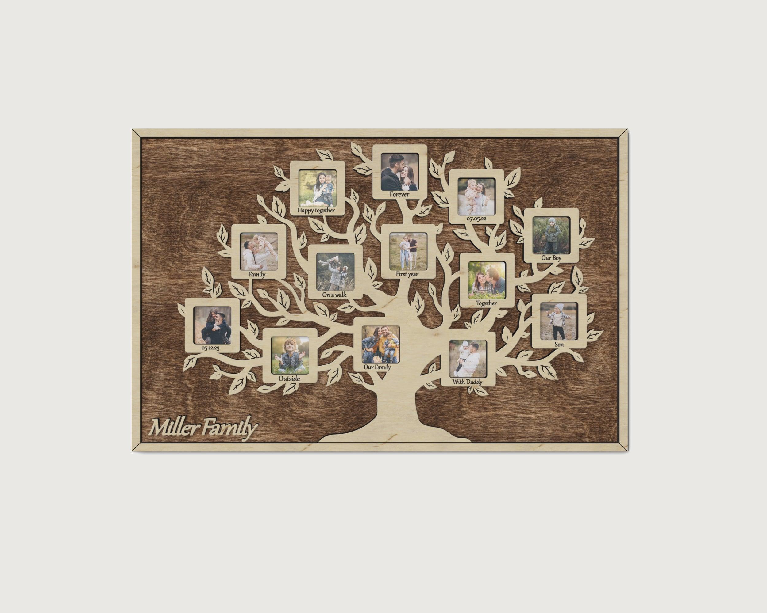 Personalized family tree framed wall art Genealogy tree Wooden picture frame collage Wedding anniversary gift 13 photo openings Custom text