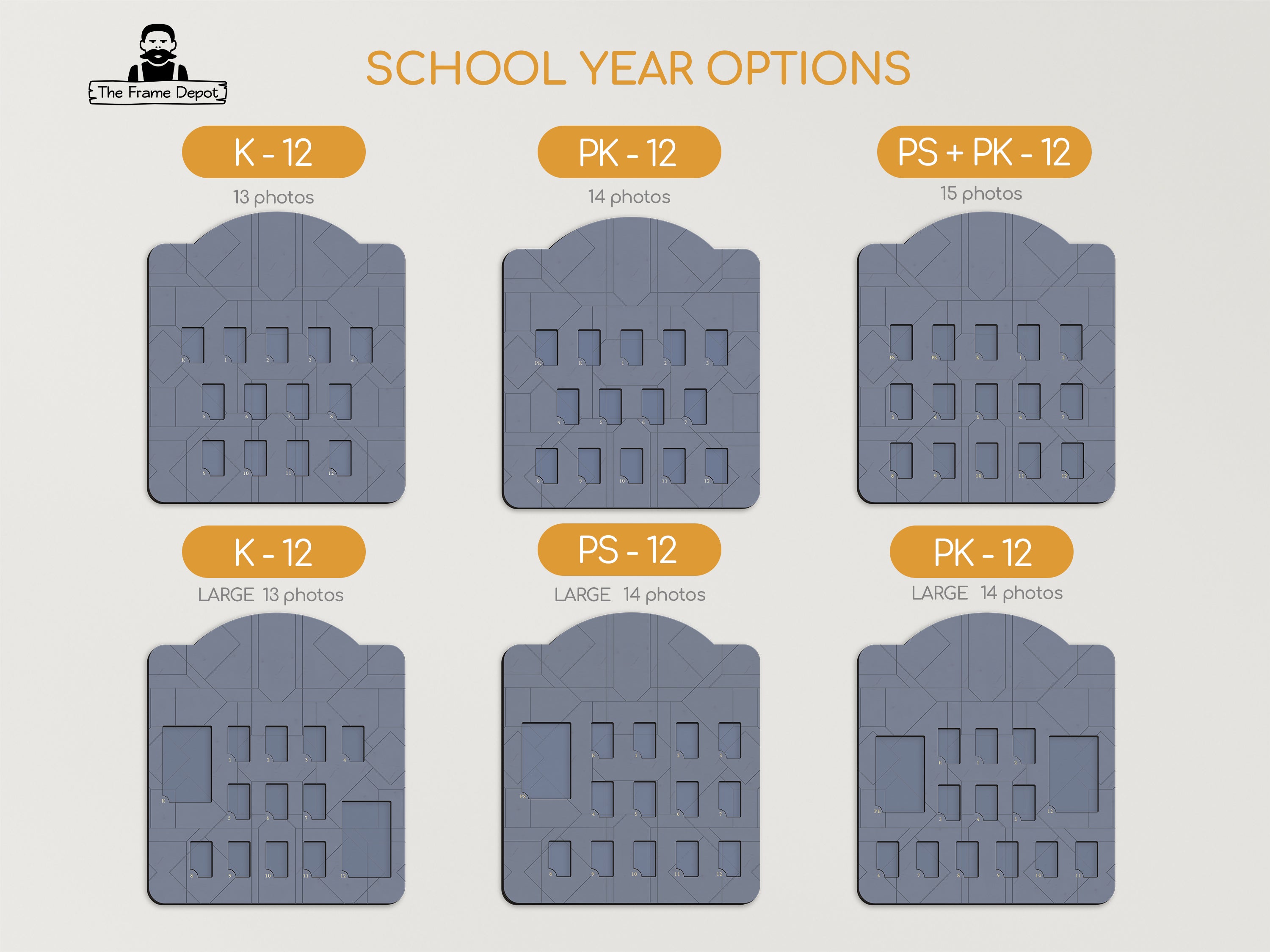 School year photo frame layout options for K-12, PK-12, and PS+PK-12 with labeled slots.
