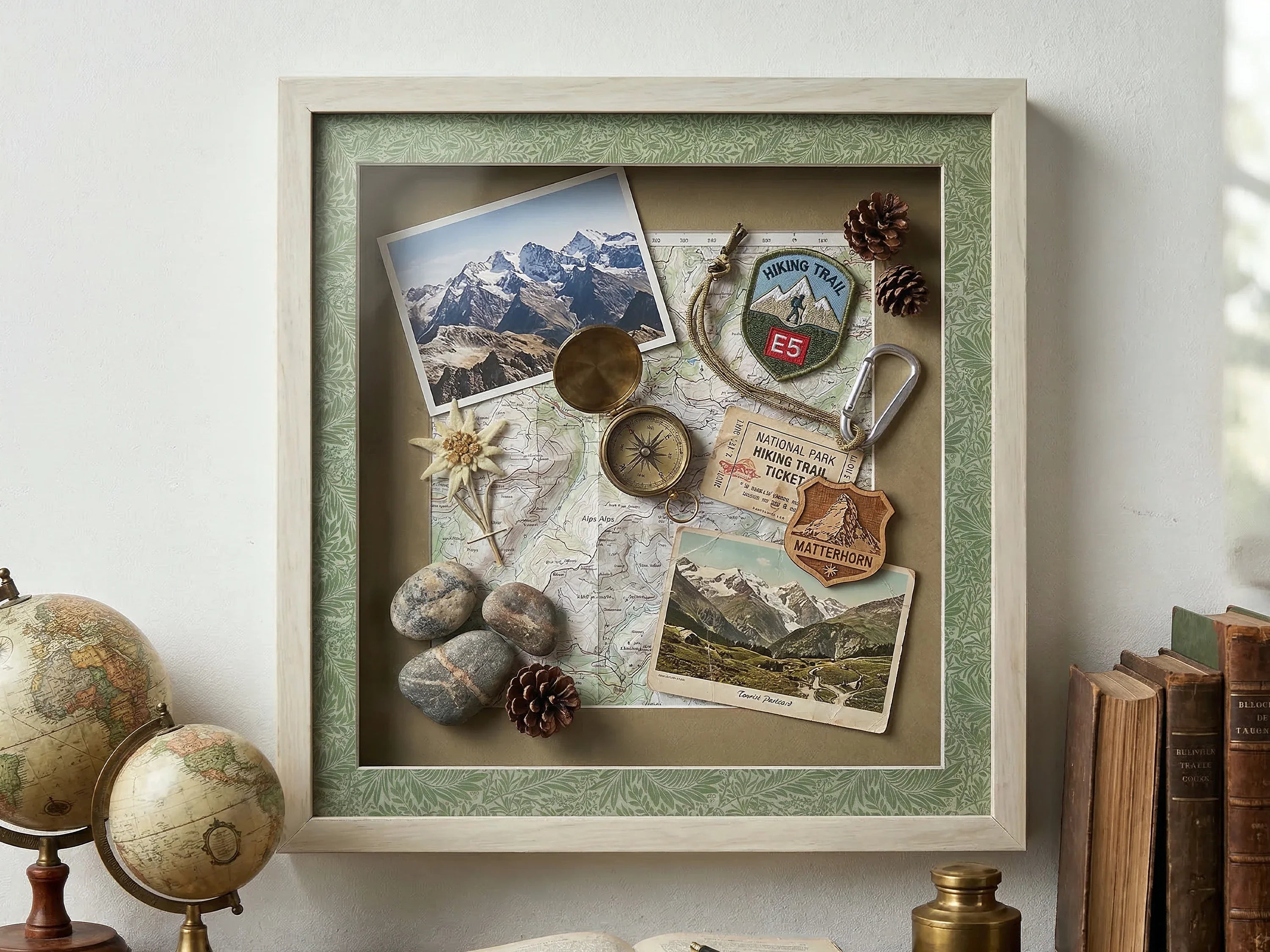 Handcrafted wooden shadowbox frame with travel memorabilia, vintage map, photos, and badges