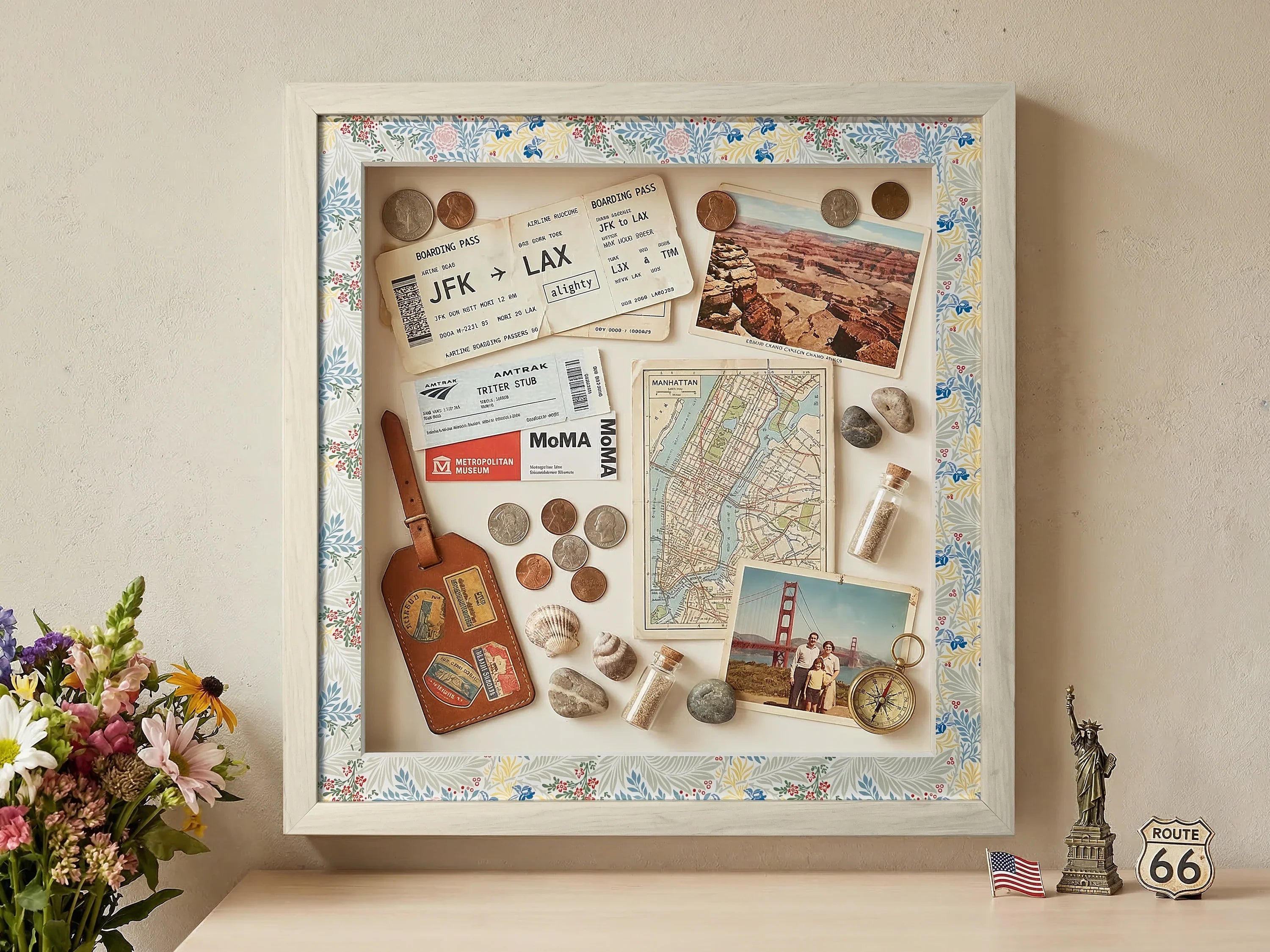 Handcrafted shadow box frame with travel memorabilia, maps, coins, shells, and floral border