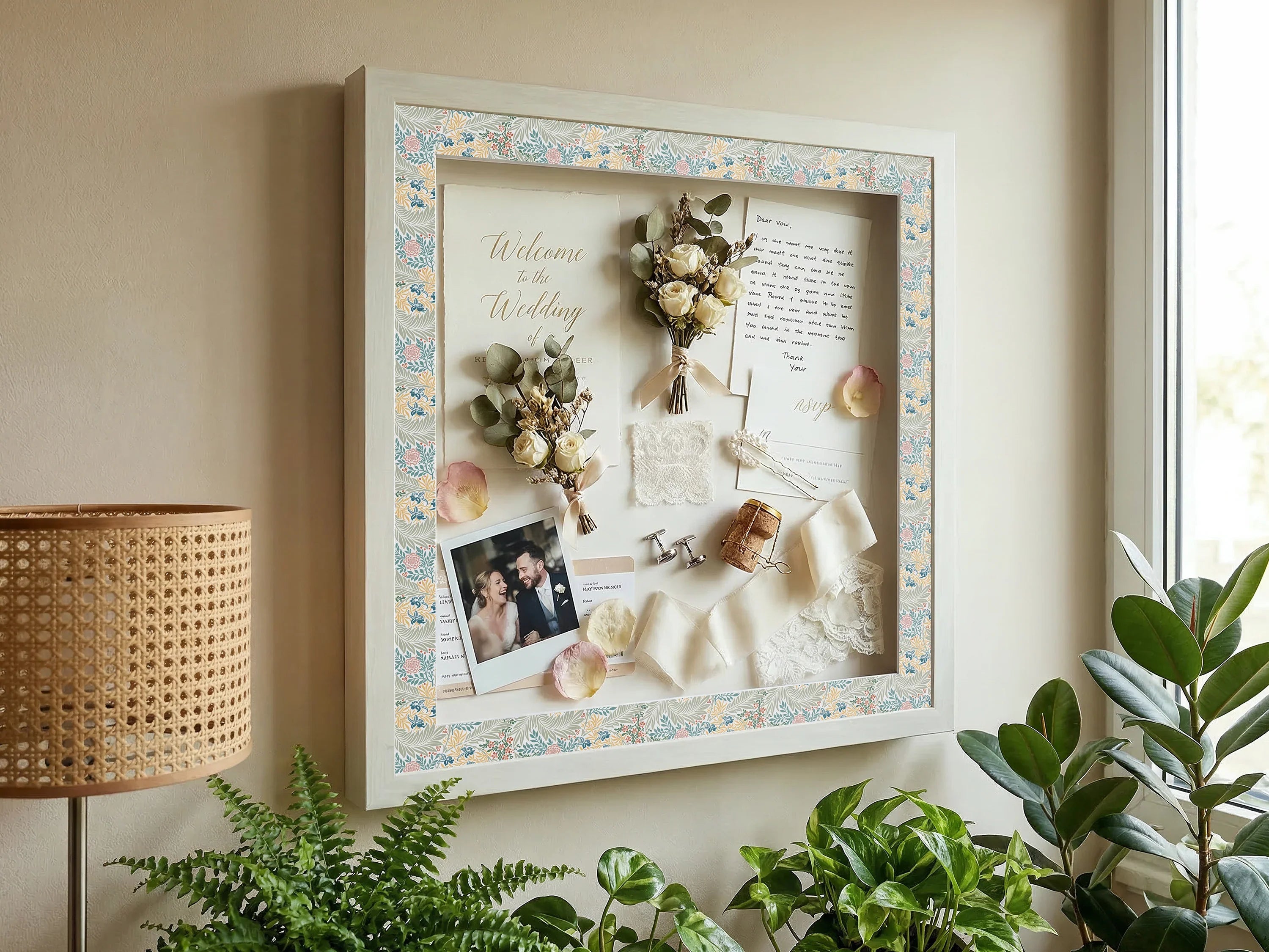 Handcrafted wooden wedding shadow box frame with keepsakes and floral border on wall