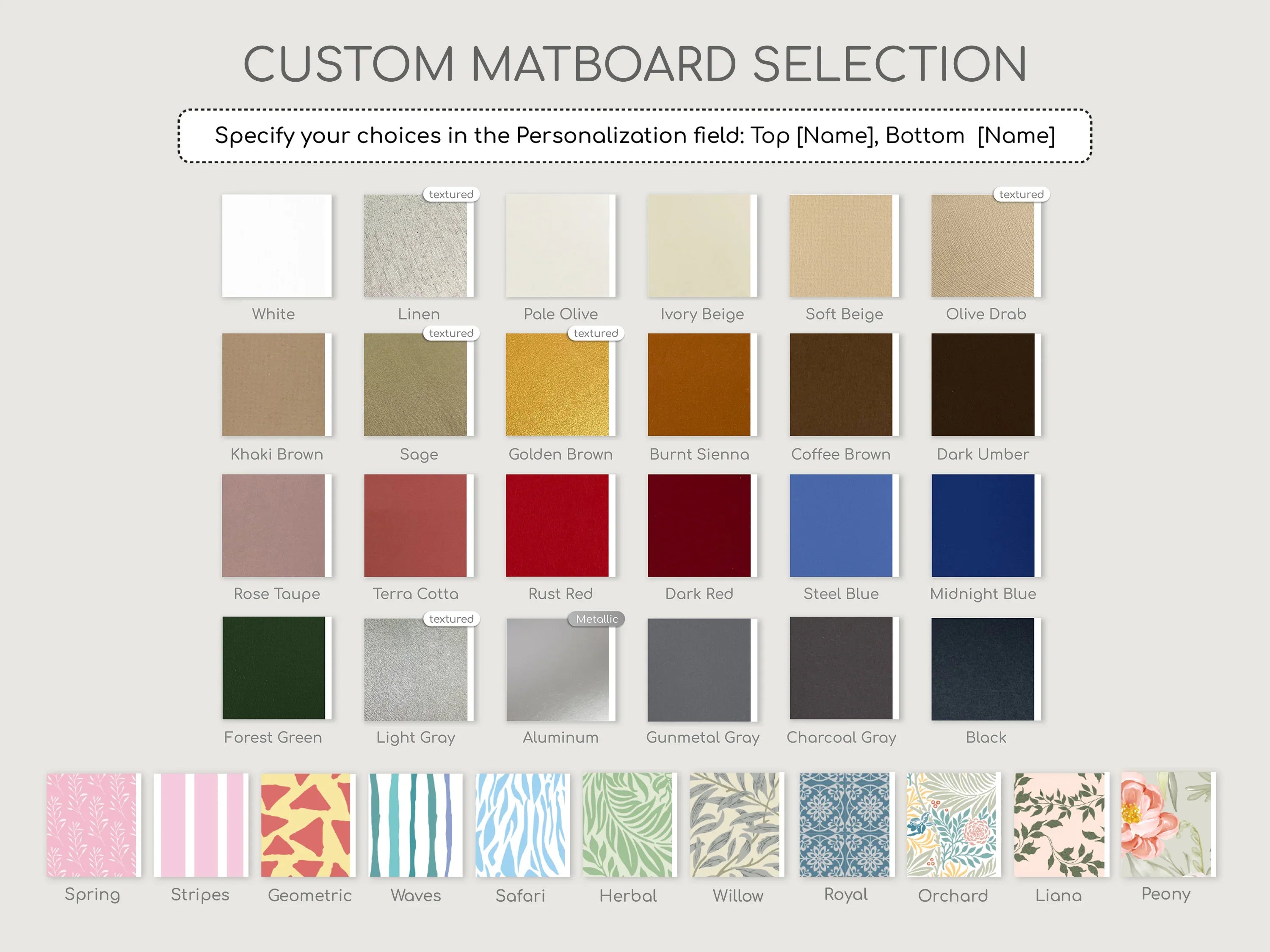 Custom matboard selection showing various color and patterned options for picture frames.