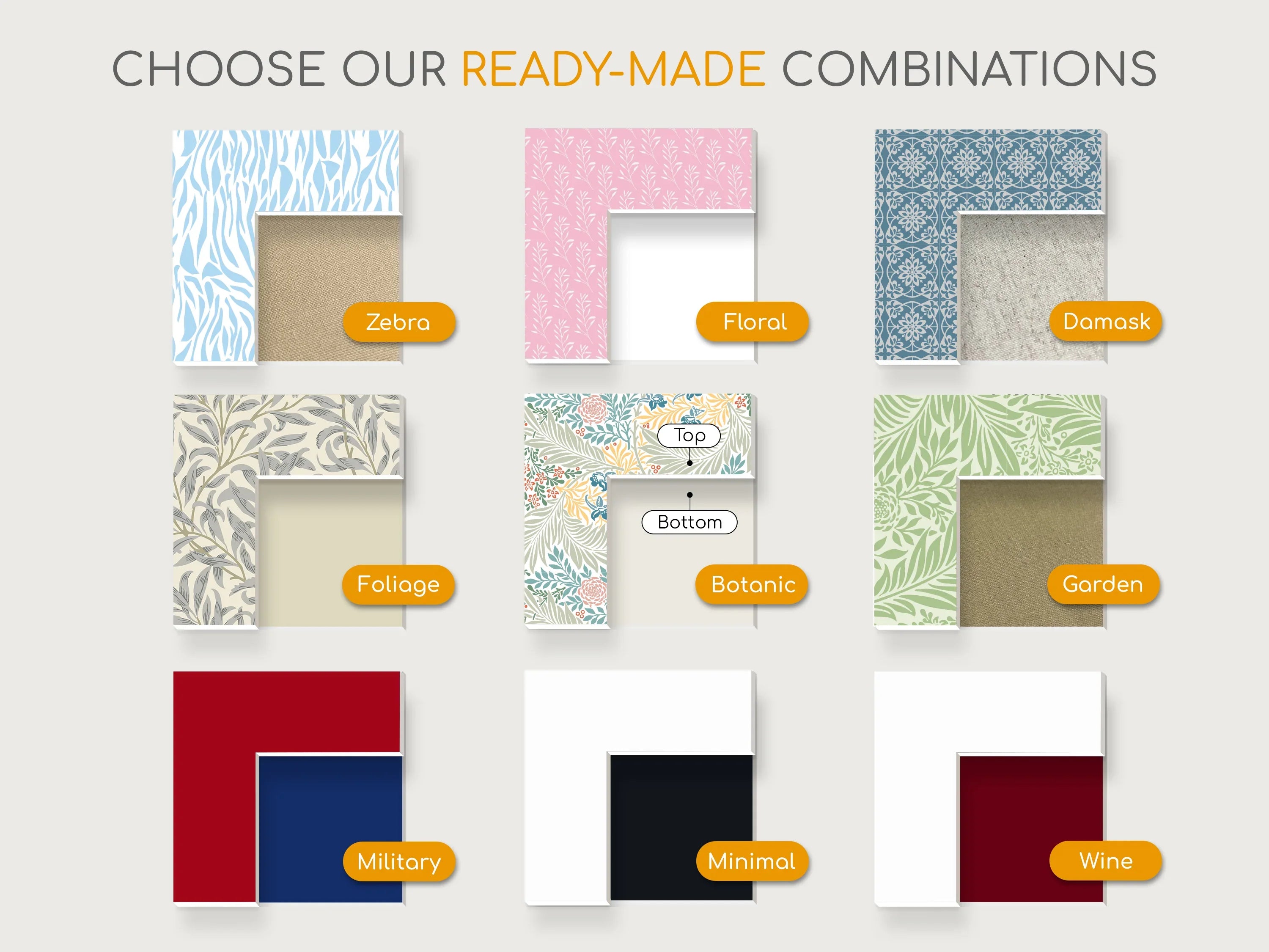 Assorted ready-made picture frame mat combinations in various patterns and colors, labeled Zebra, Floral, Damask, Foliage, Botanic, Garden, Military, Minimal, and Wine.