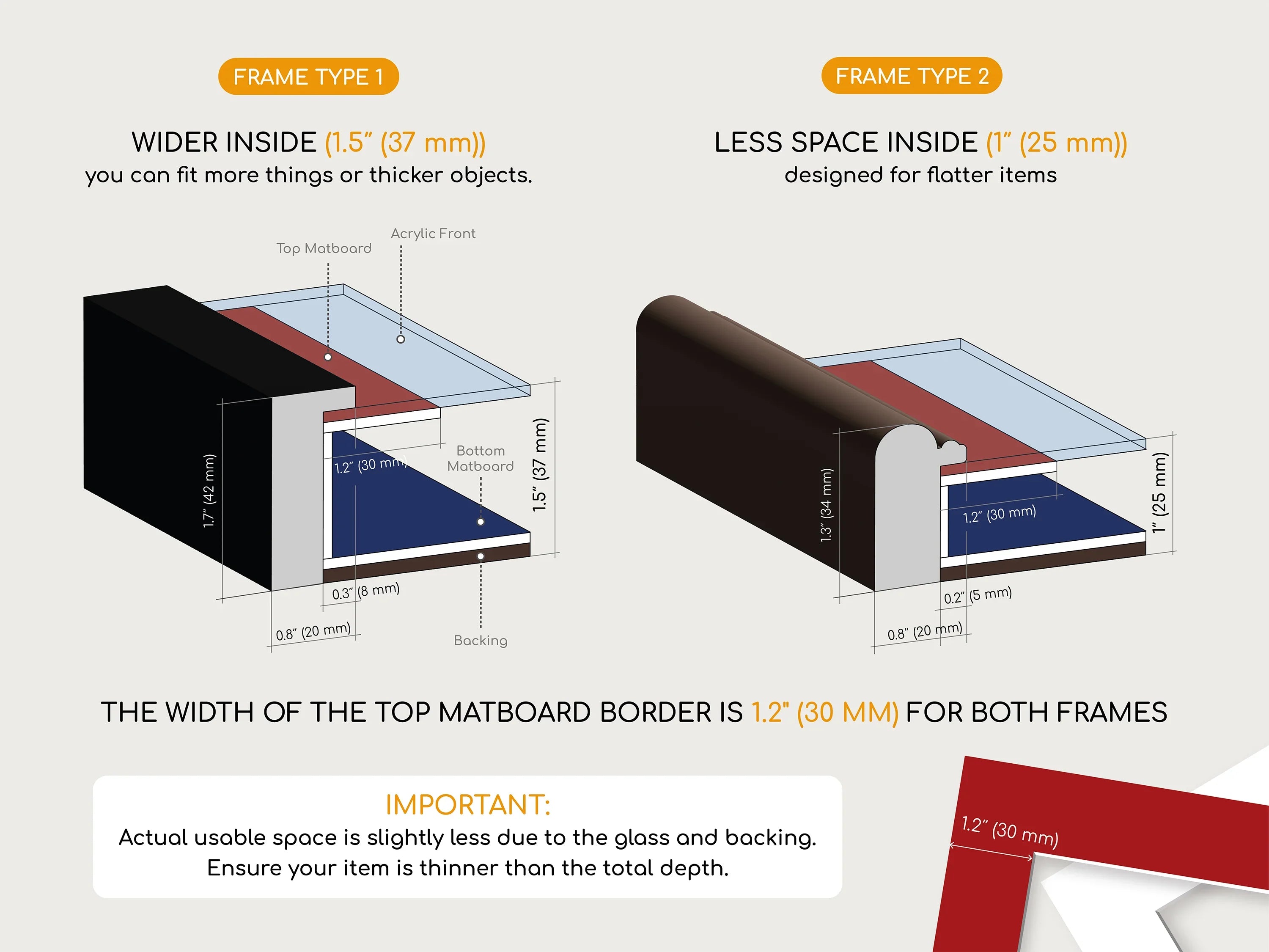 Diagram comparing two wooden shadowbox frame types with labeled dimensions and components.