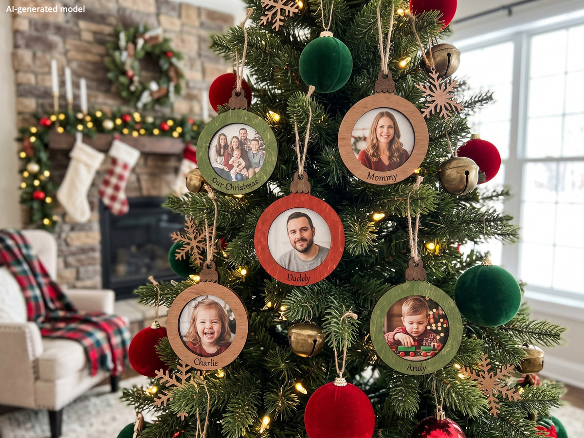Décoration d'arbre de Noël personnalisée | Ornements de cadre photo circulaire en bois