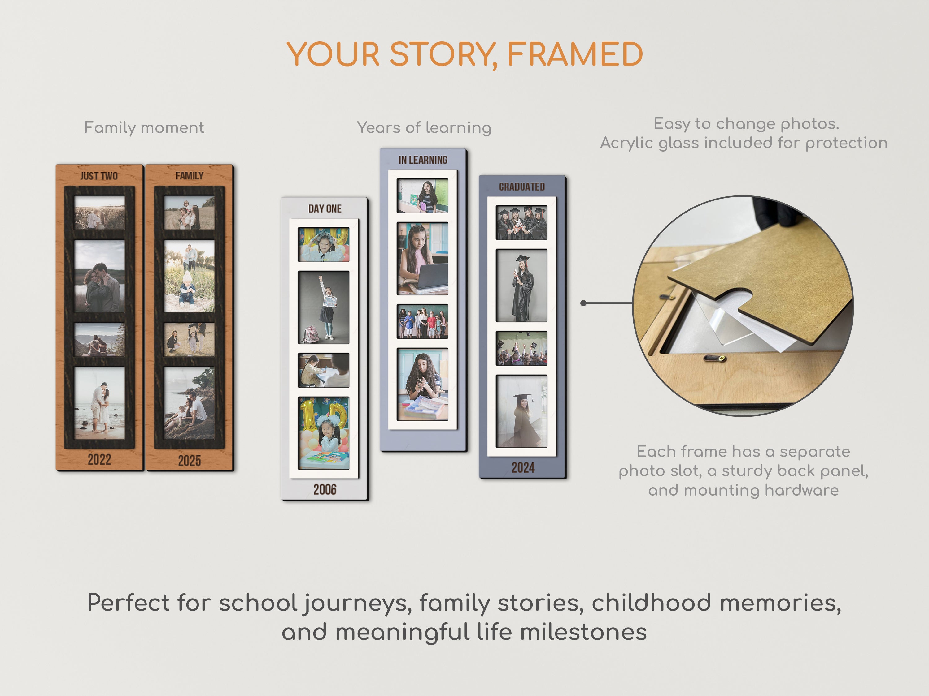 Multi-photo wooden picture frames for family moments, school journeys, and milestone memories.
