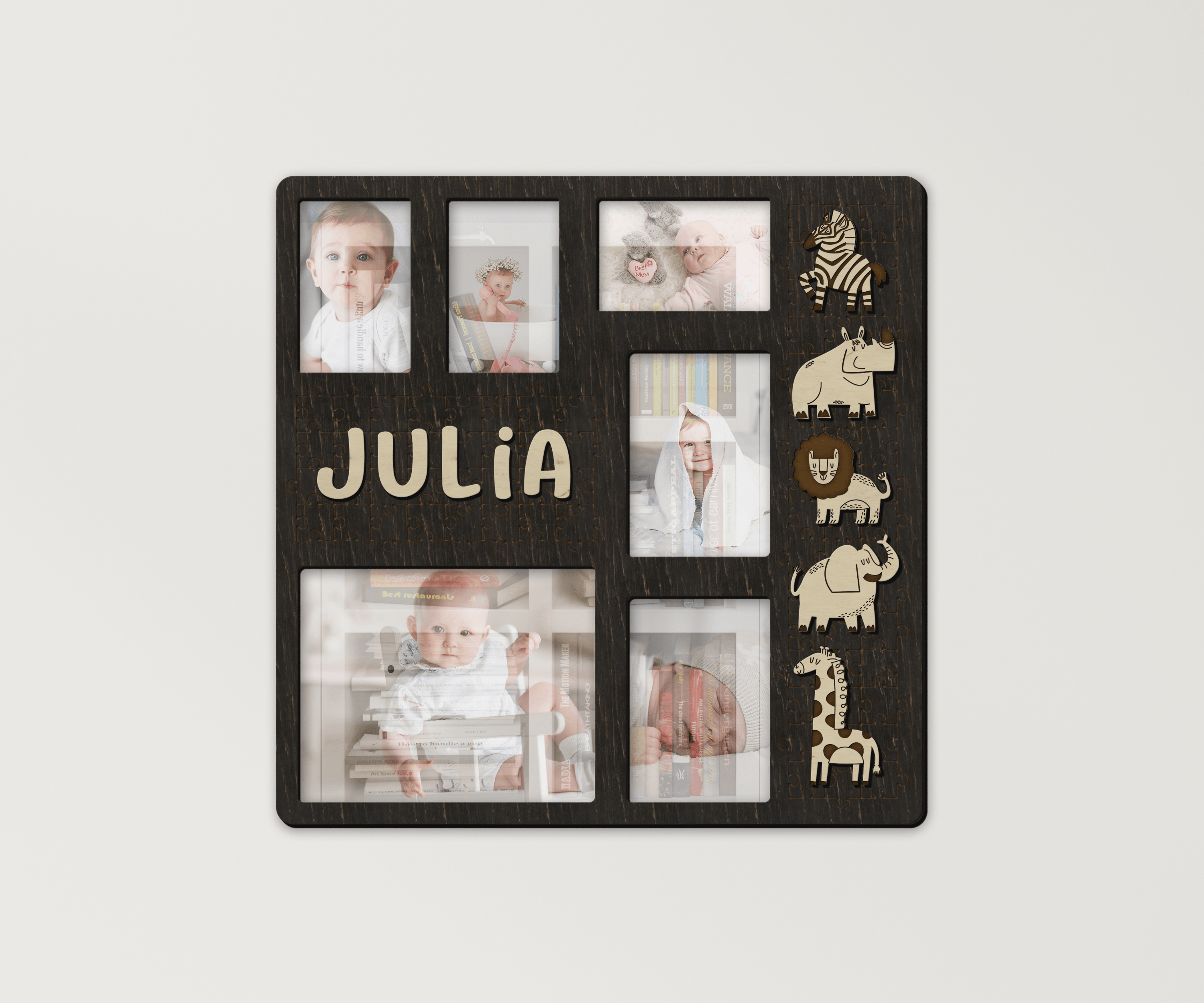 Personalized playroom collage Custom picture frame collage with cute animals Nursery wooden wall Photo gallery First birthday Gift for kids