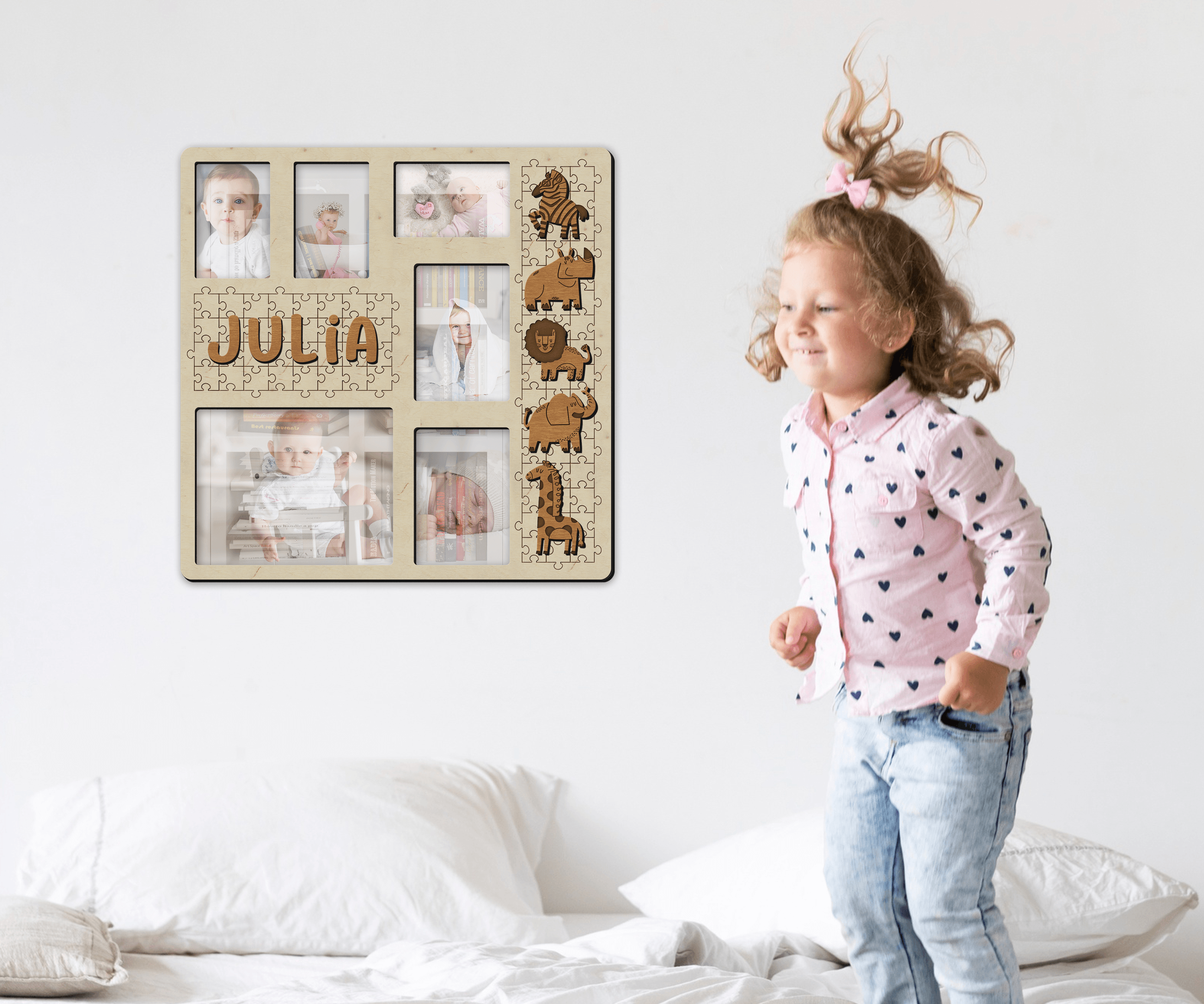 Personalized playroom collage Custom picture frame collage with cute animals Nursery wooden wall Photo gallery First birthday Gift for kids