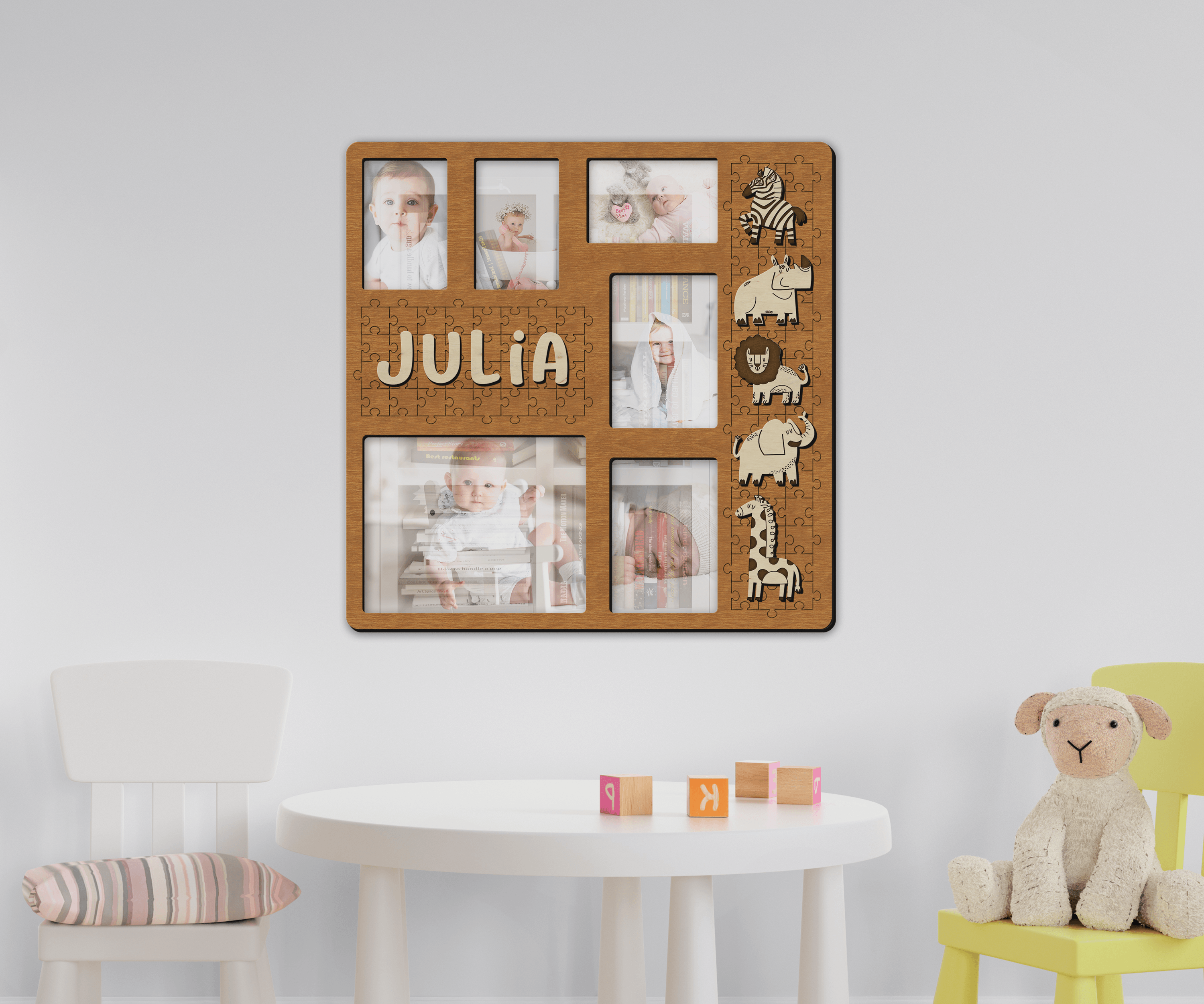 Personalized playroom collage Custom picture frame collage with cute animals Nursery wooden wall Photo gallery First birthday Gift for kids