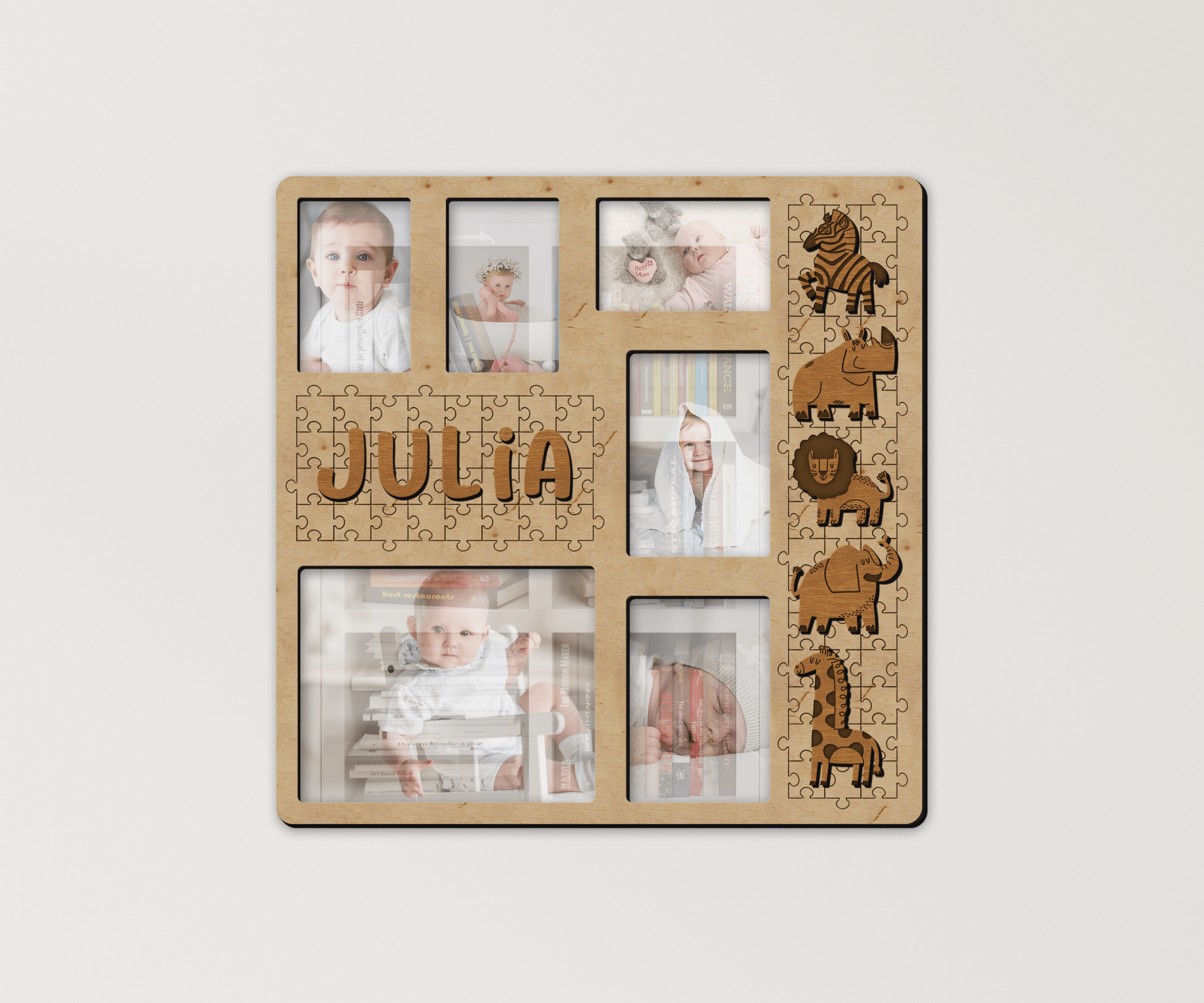 Personalized playroom collage Custom picture frame collage with cute animals Nursery wooden wall Photo gallery First birthday Gift for kids