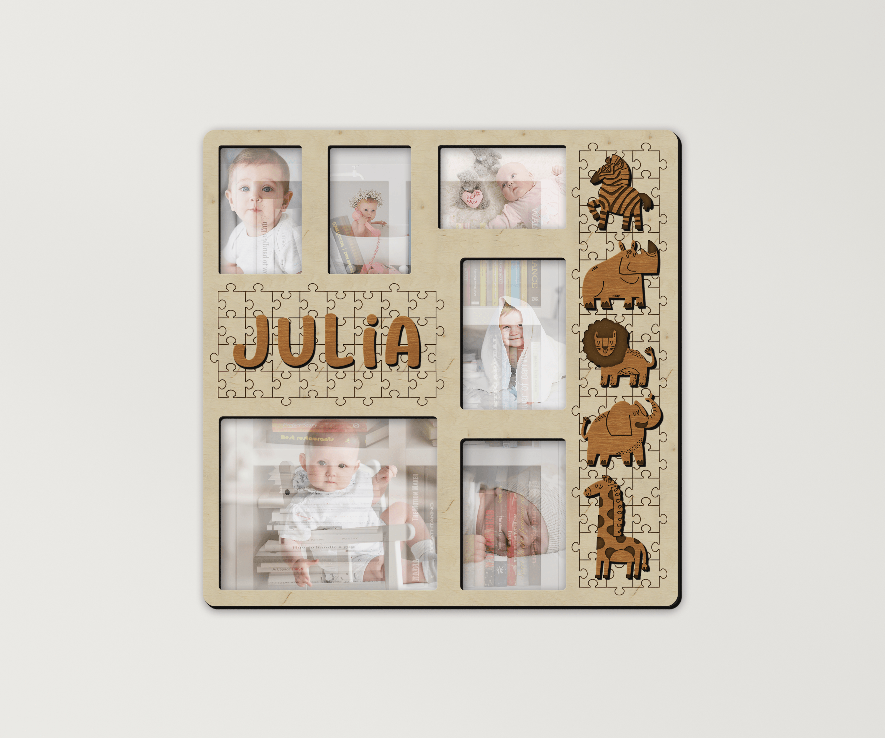 Personalized playroom collage Custom picture frame collage with cute animals Nursery wooden wall Photo gallery First birthday Gift for kids