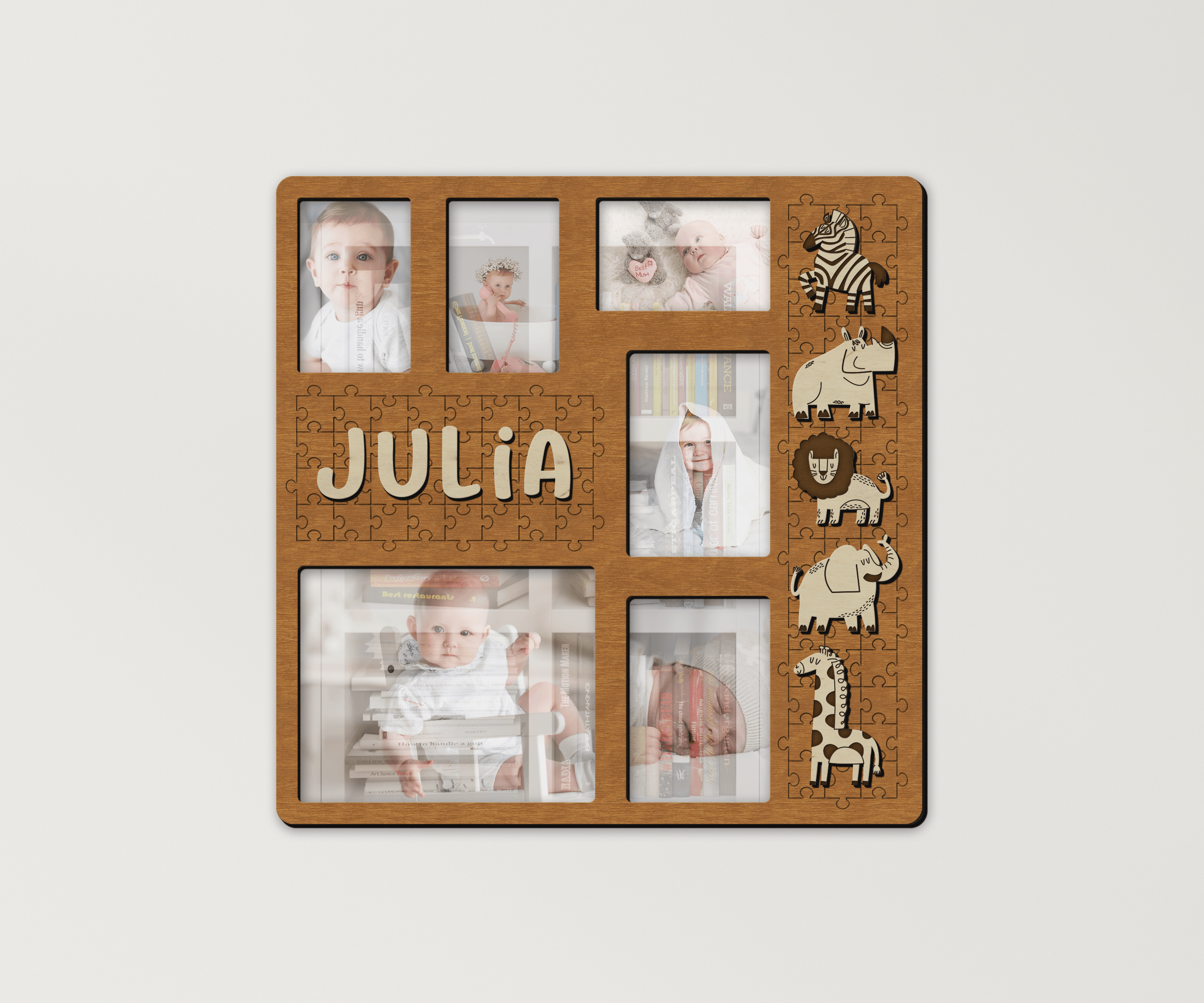 Personalized playroom collage Custom picture frame collage with cute animals Nursery wooden wall Photo gallery First birthday Gift for kids