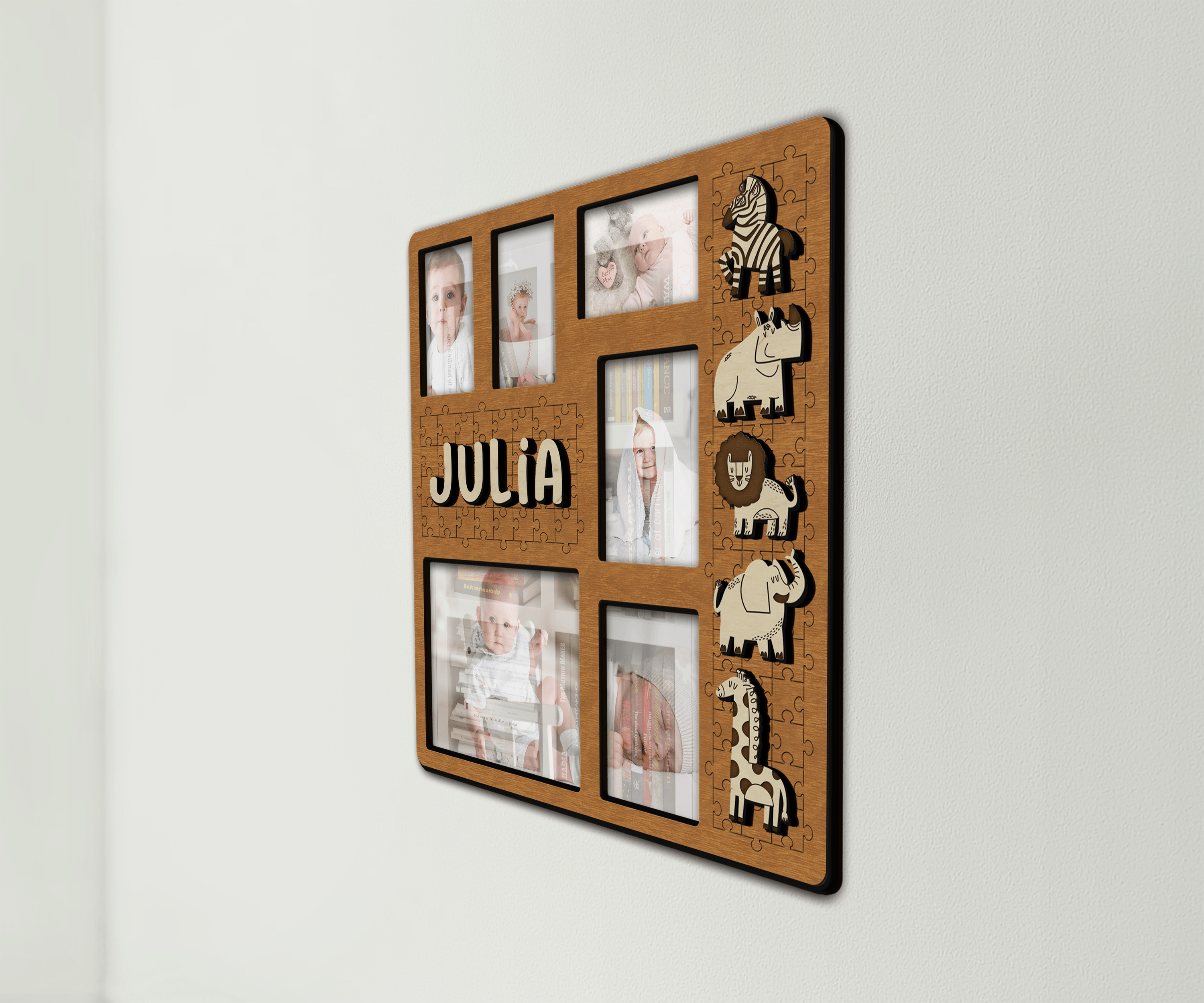 Personalized playroom collage Custom picture frame collage with cute animals Nursery wooden wall Photo gallery First birthday Gift for kids