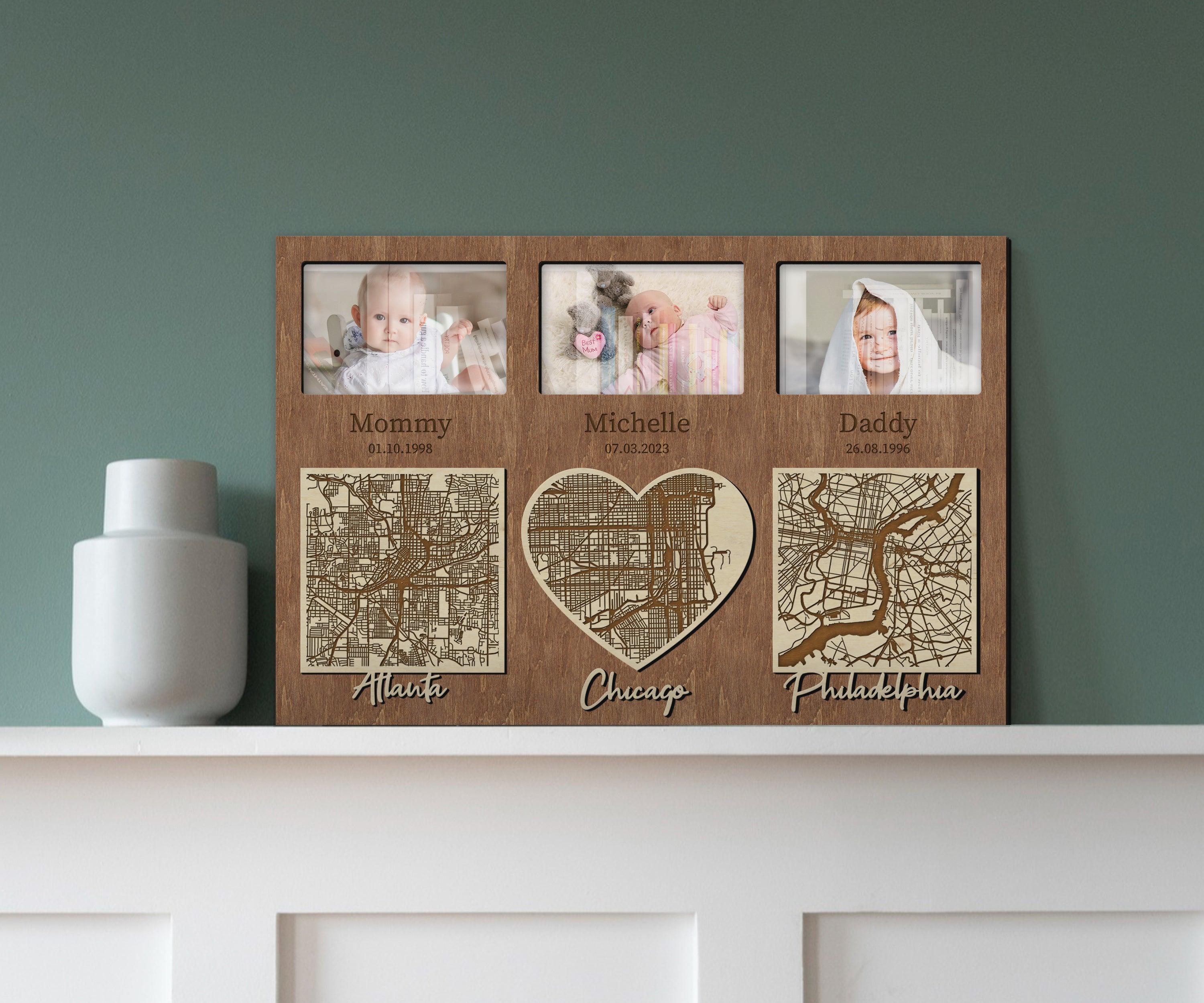 Personalized picture frame collage City skyline map Custom photo gallery Newborn gift for New family First baby Mom to be gift Nursery decor