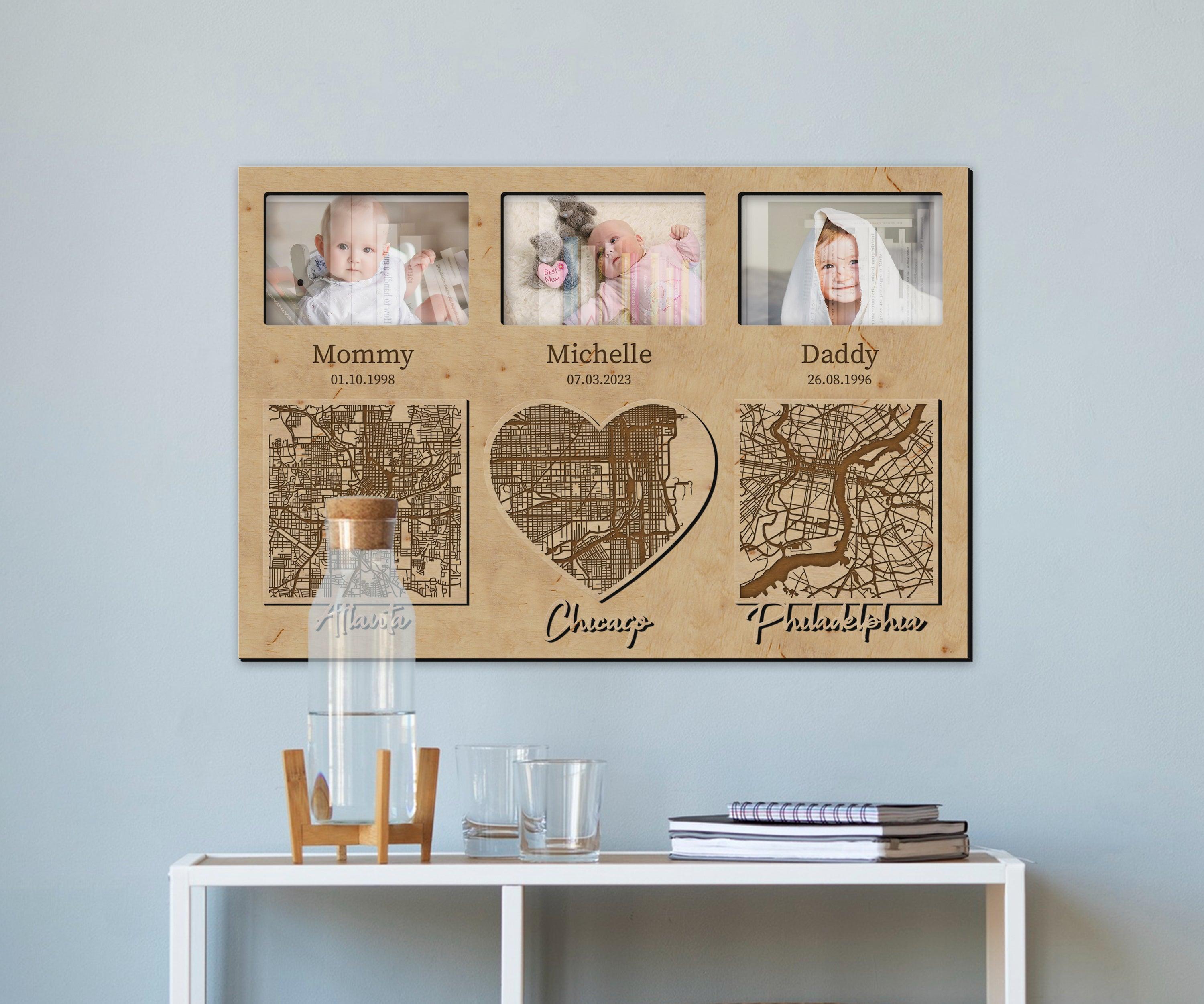 Personalized picture frame collage City skyline map Custom photo gallery Newborn gift for New family First baby Mom to be gift Nursery decor - The Frame Depot