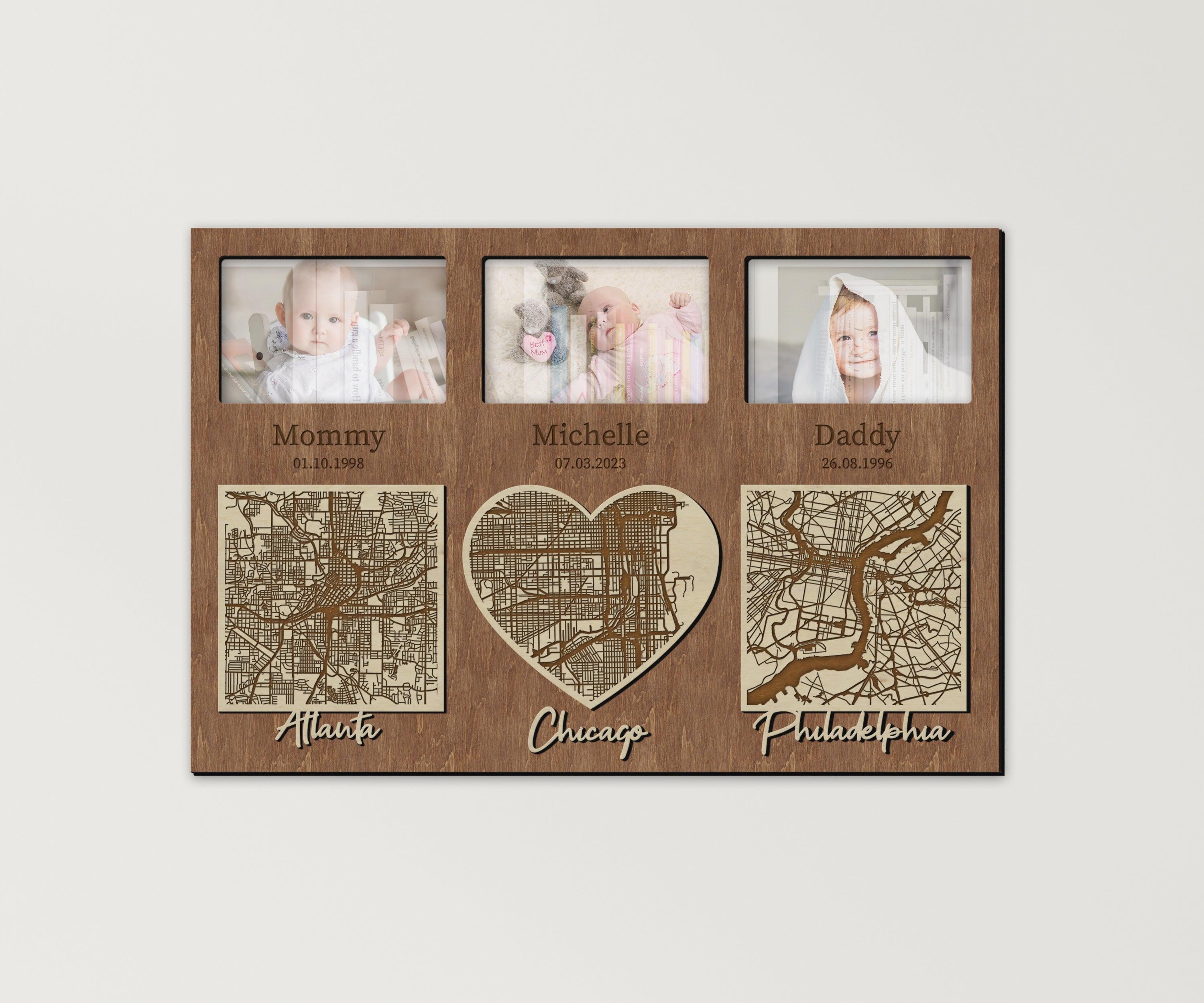 Personalized picture frame collage City skyline map Custom photo gallery Newborn gift for New family First baby Mom to be gift Nursery decor - The Frame Depot