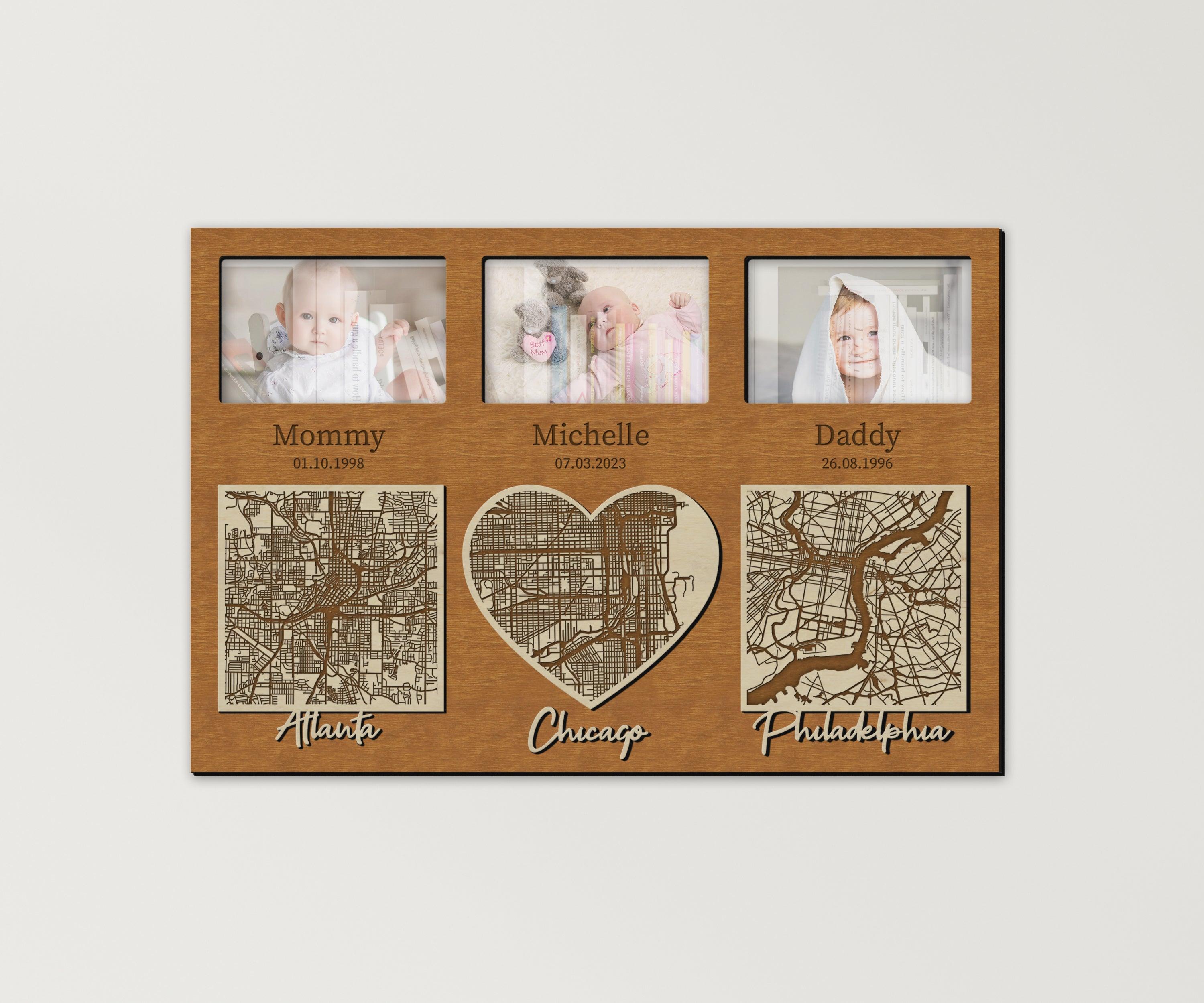 Personalized picture frame collage City skyline map Custom photo gallery Newborn gift for New family First baby Mom to be gift Nursery decor