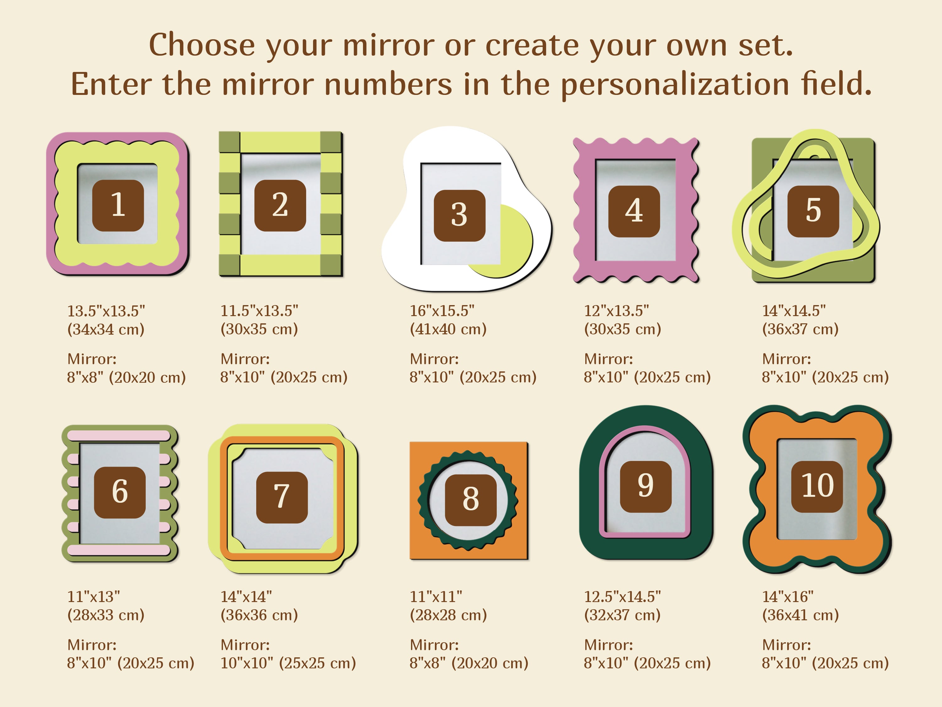 Colorful mirror designs numbered 1 through 10 with dimensions