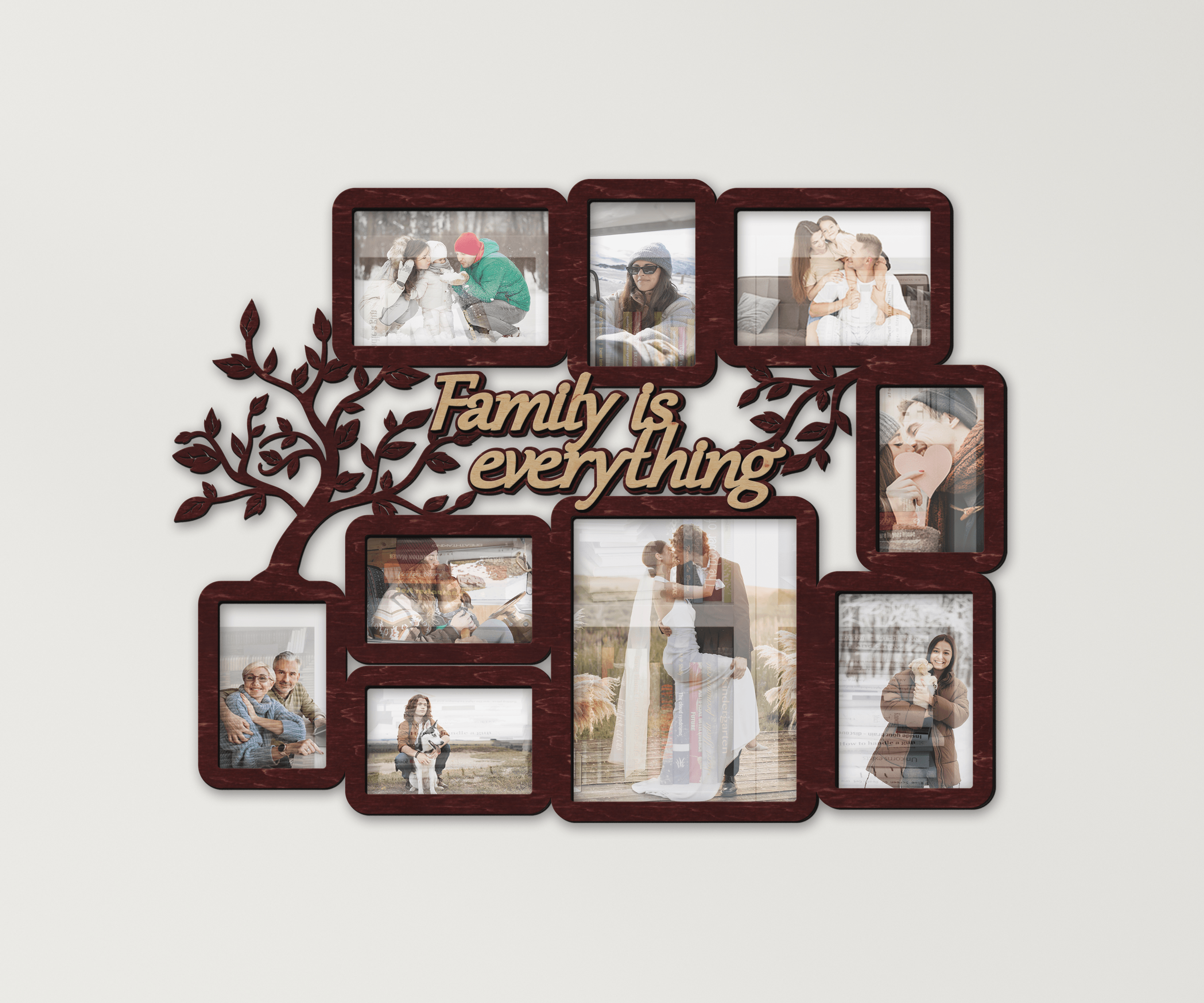 Wooden picture frame collage Family tree wall decor Rustic wall photo gallery Multiple frames Engraved family gift Family is everything sign