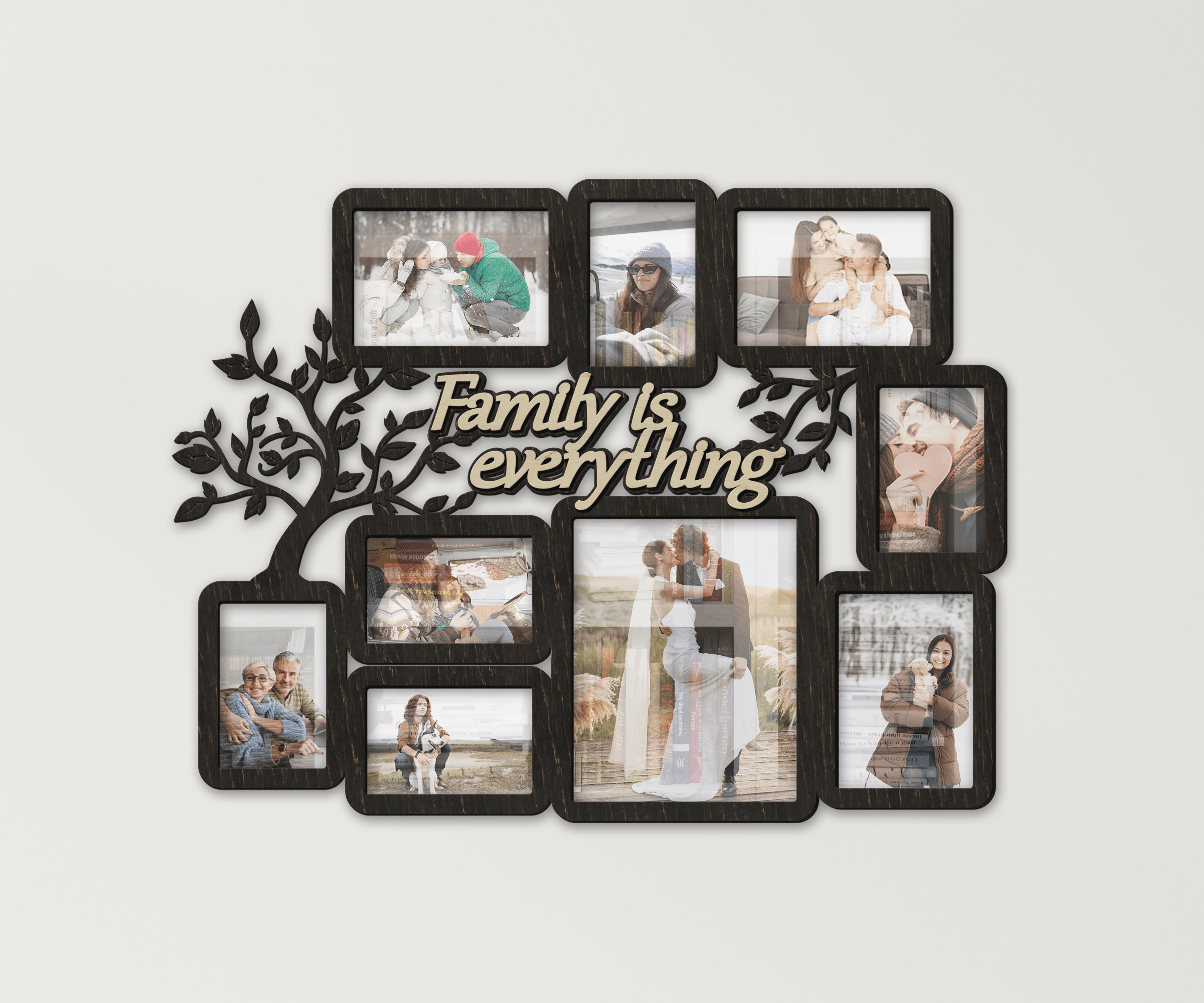 Wooden picture frame collage Family tree wall decor Rustic wall photo gallery Multiple frames Engraved family gift Family is everything sign