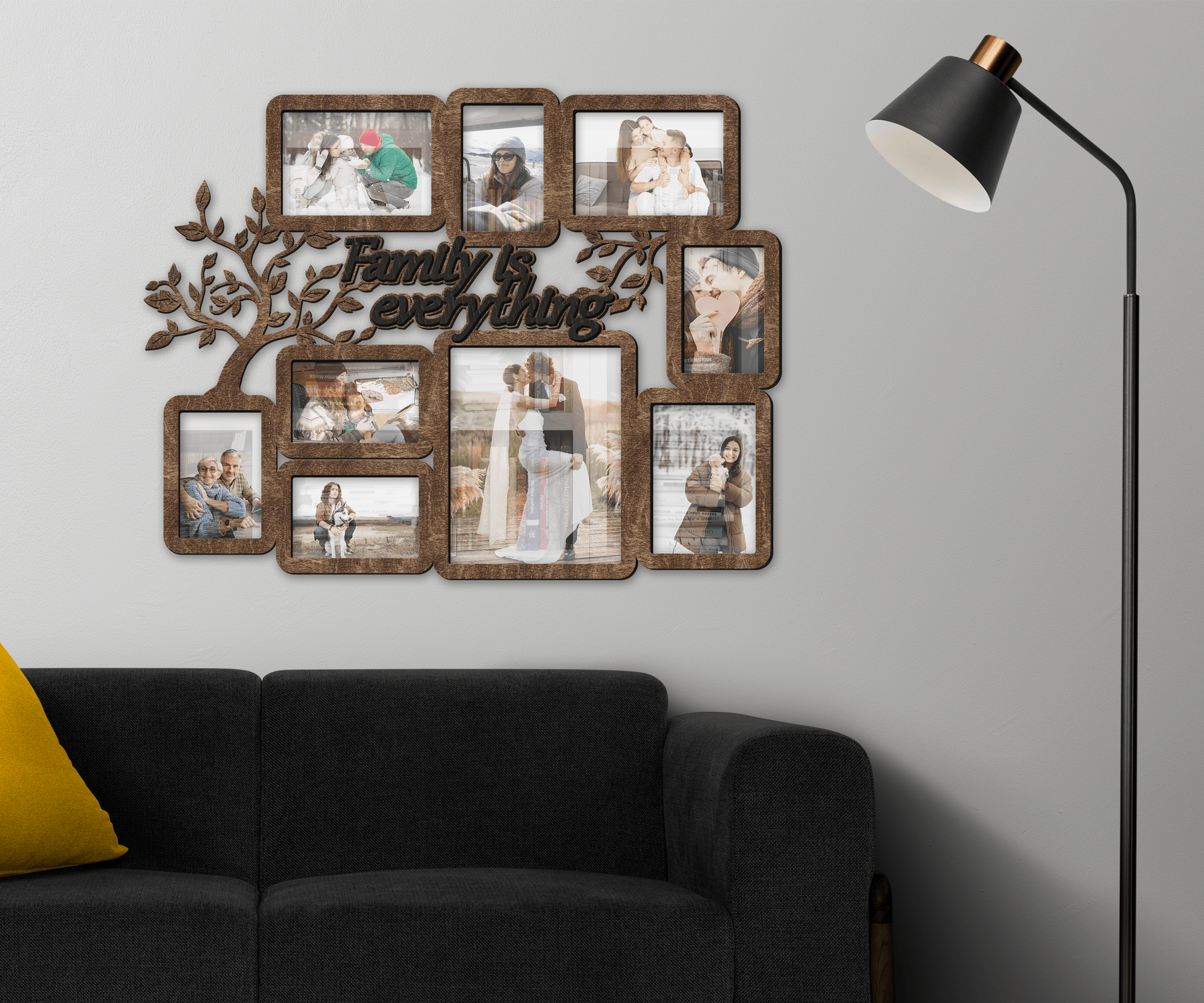 Wooden picture frame collage Family tree wall decor Rustic wall photo gallery Multiple frames Engraved family gift Family is everything sign