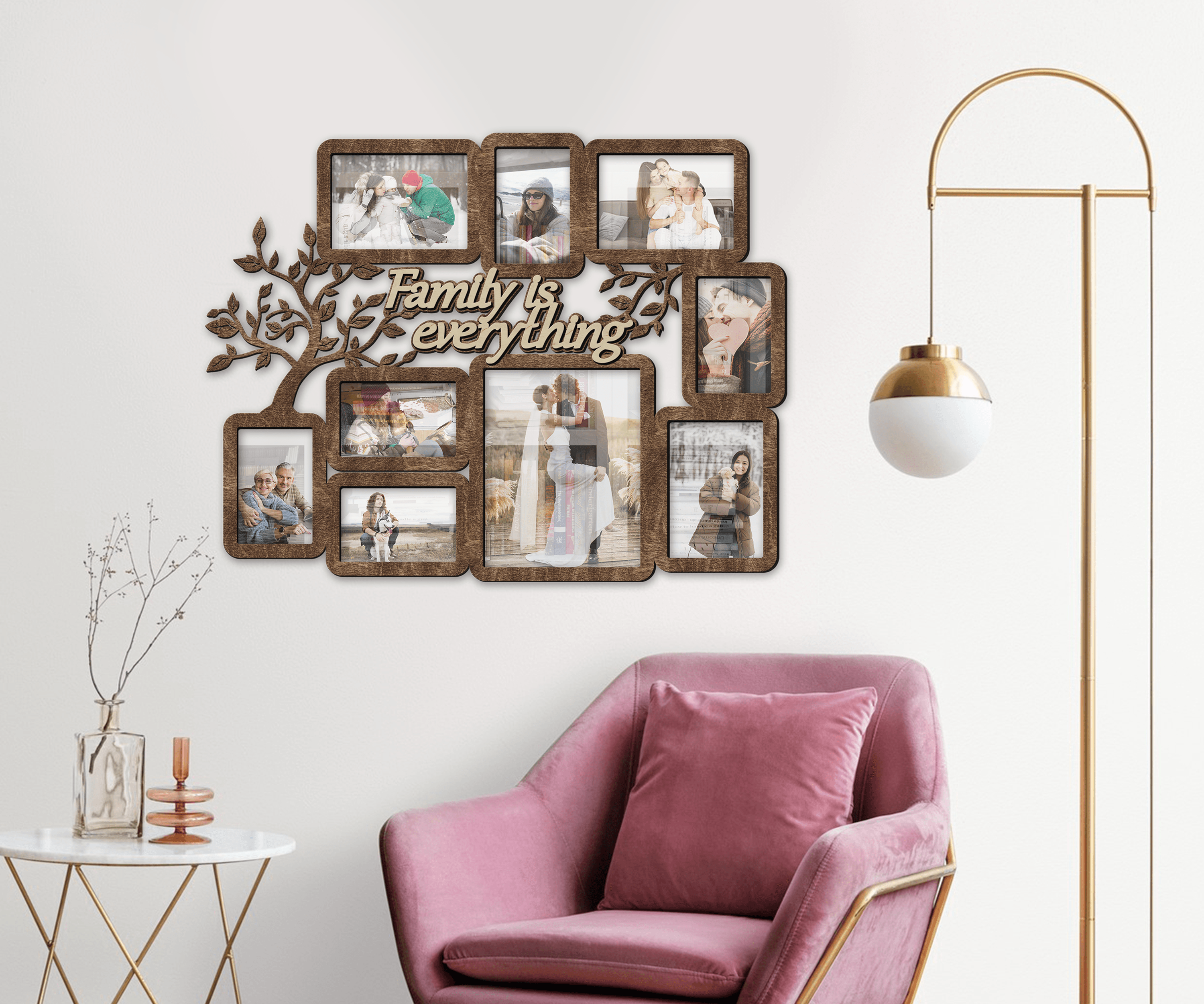 Wooden picture frame collage Family tree wall decor Rustic wall photo gallery Multiple frames Engraved family gift Family is everything sign