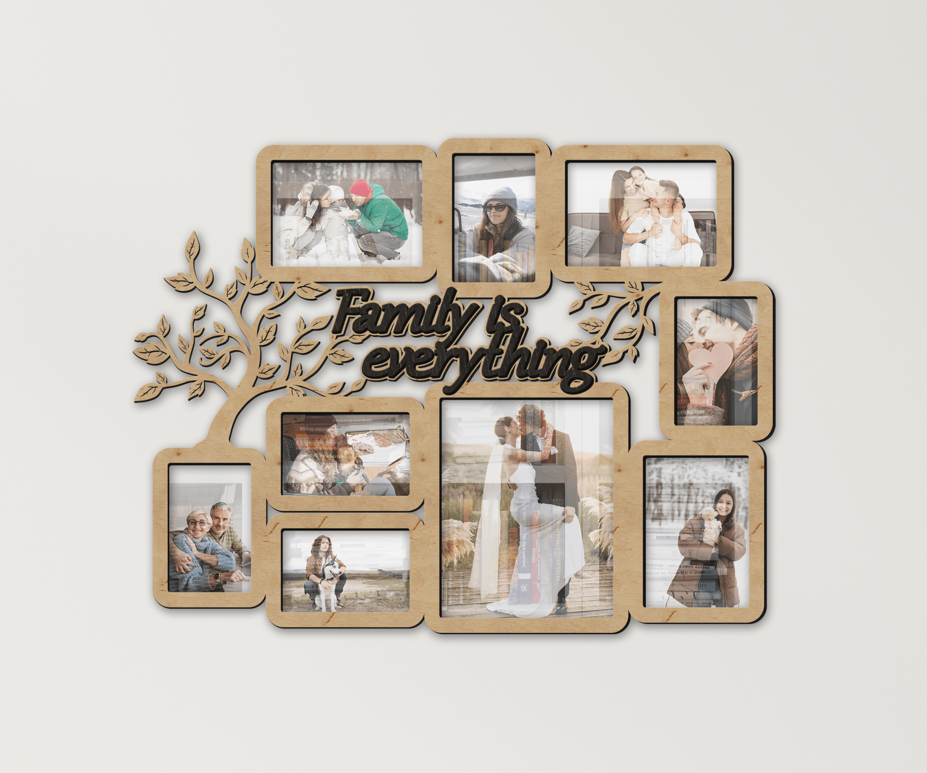 Wooden picture frame collage Family tree wall decor Rustic wall photo gallery Multiple frames Engraved family gift Family is everything sign